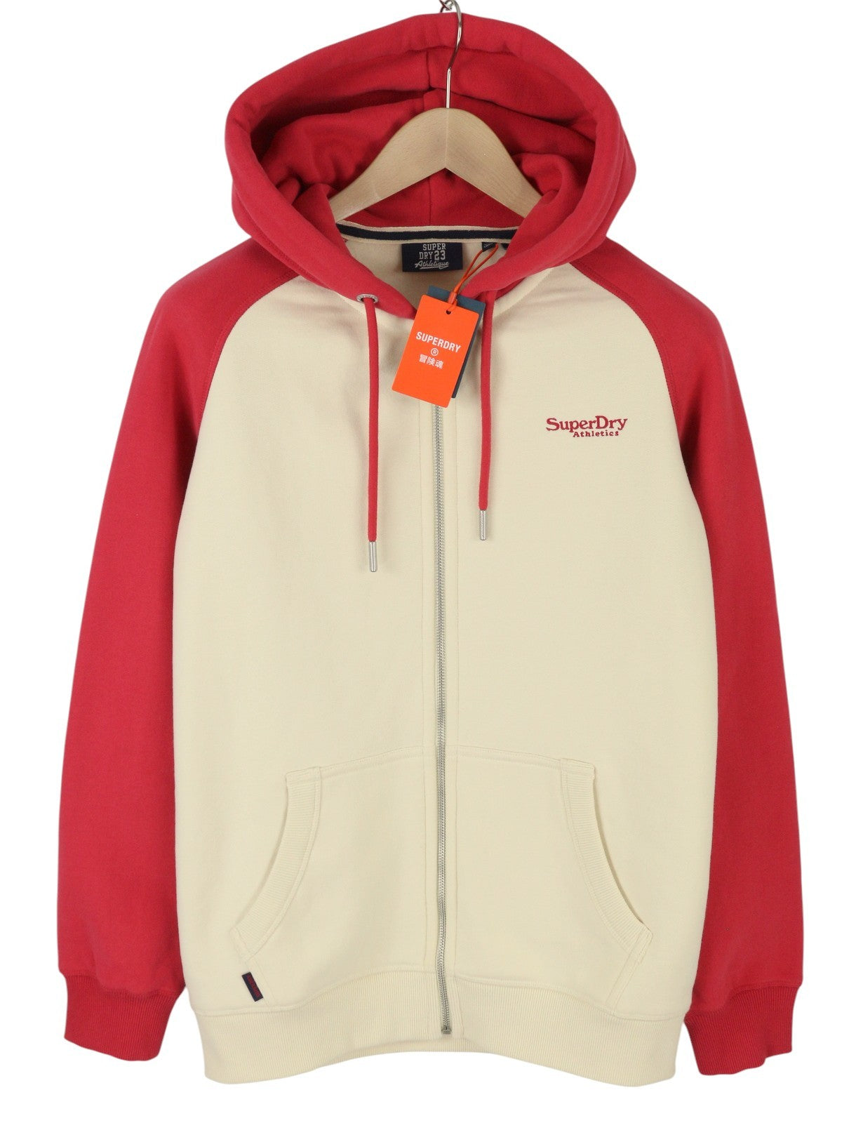 SUPERDRY Essential Baseball Zip Men Hoodie M Red Pockets Front Logo Full Zip