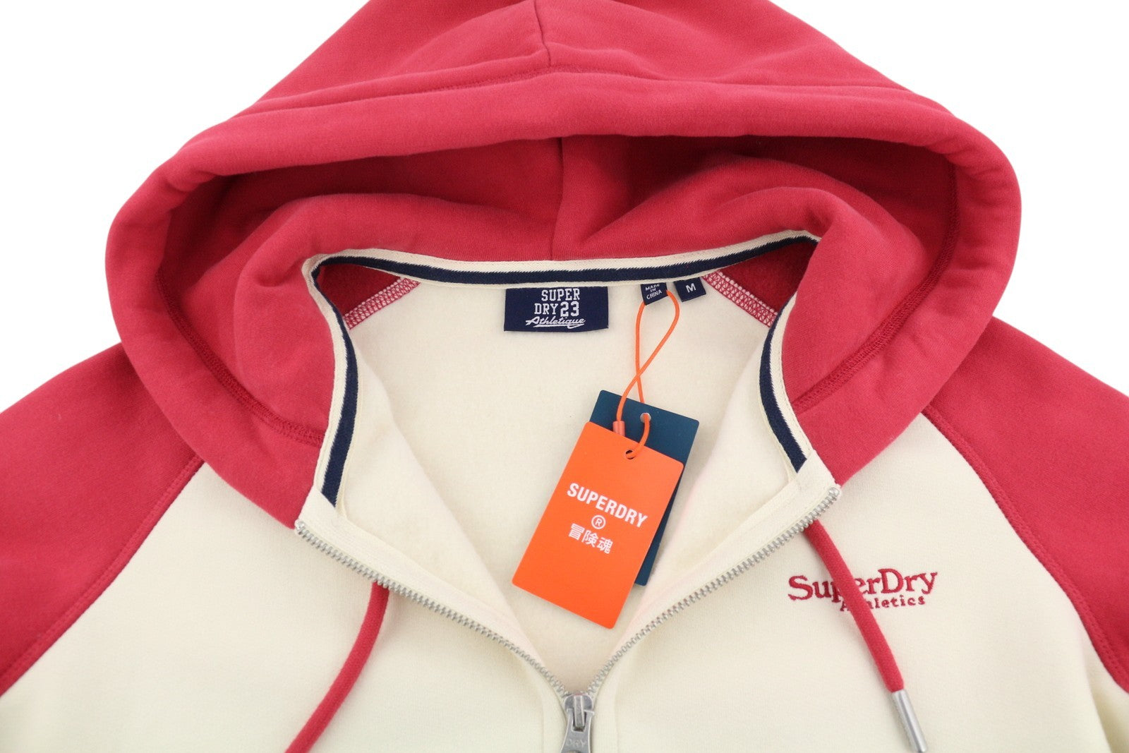 SUPERDRY Essential Baseball Zip Men Hoodie M Red Pockets Front Logo Full Zip
