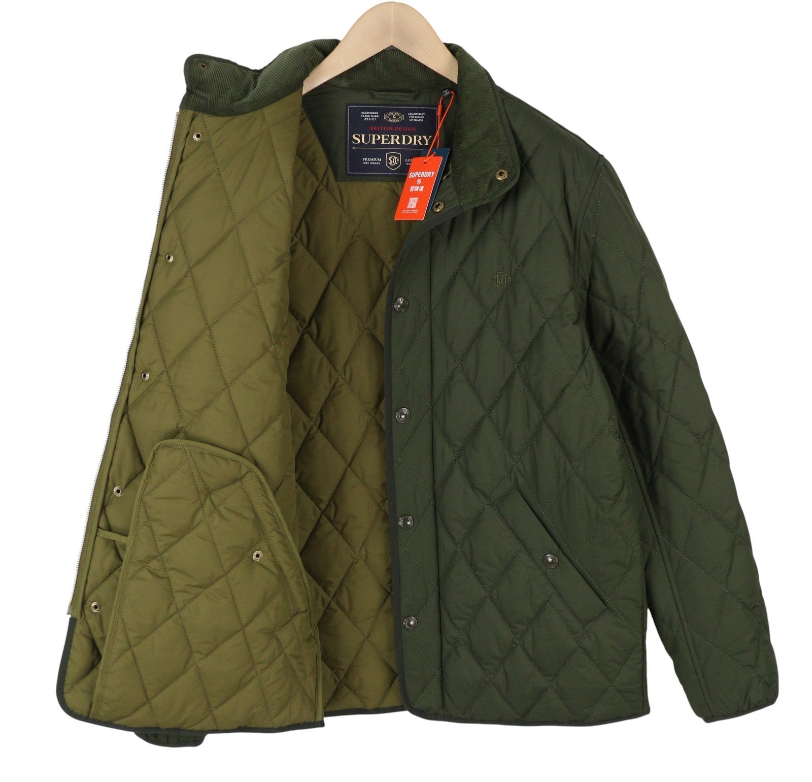 SUPERDRY Quilted Estate Men Jacket M Green Insulated High Neck Logo Lightweight