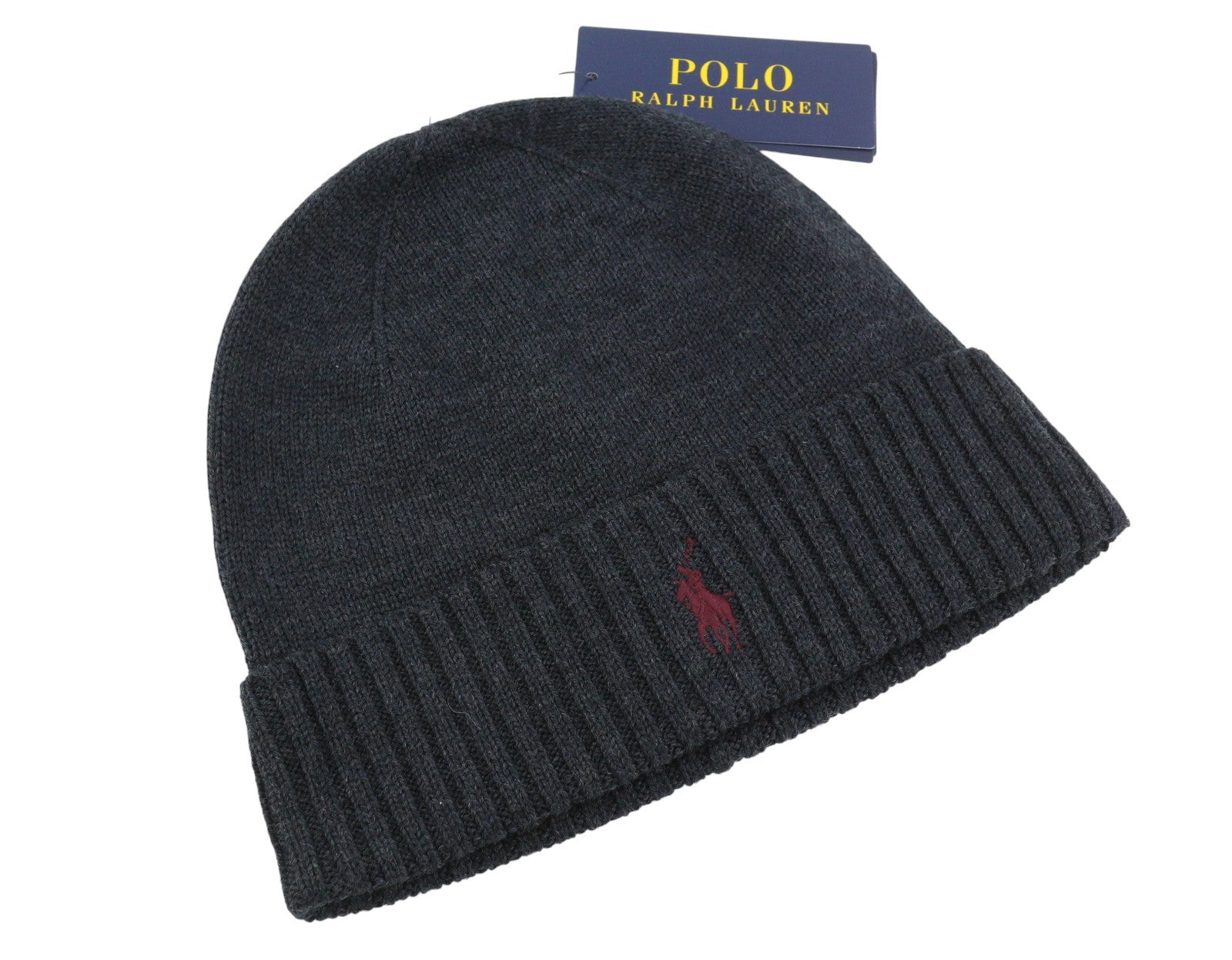 RALPH LAUREN Men Hat 47 CM Dark Grey Melange Washable Merino Wool Knit Beanie