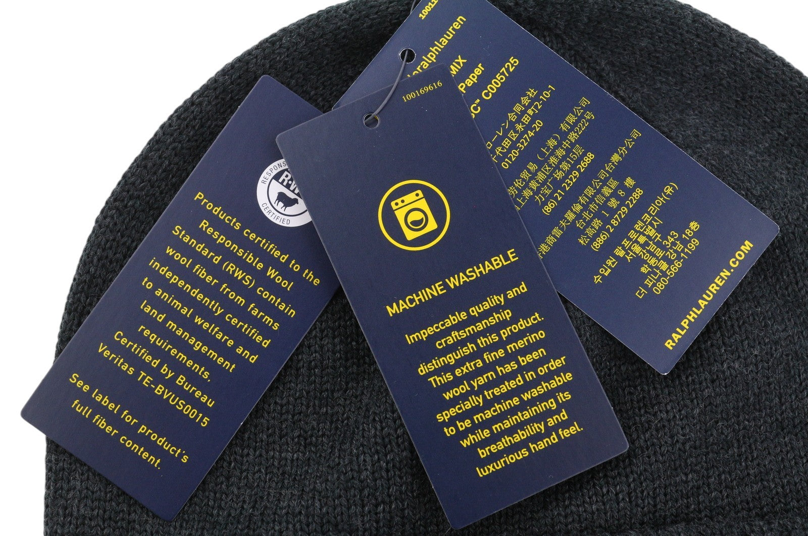 RALPH LAUREN Men Hat 47 CM Dark Grey Melange Washable Merino Wool Knit Beanie