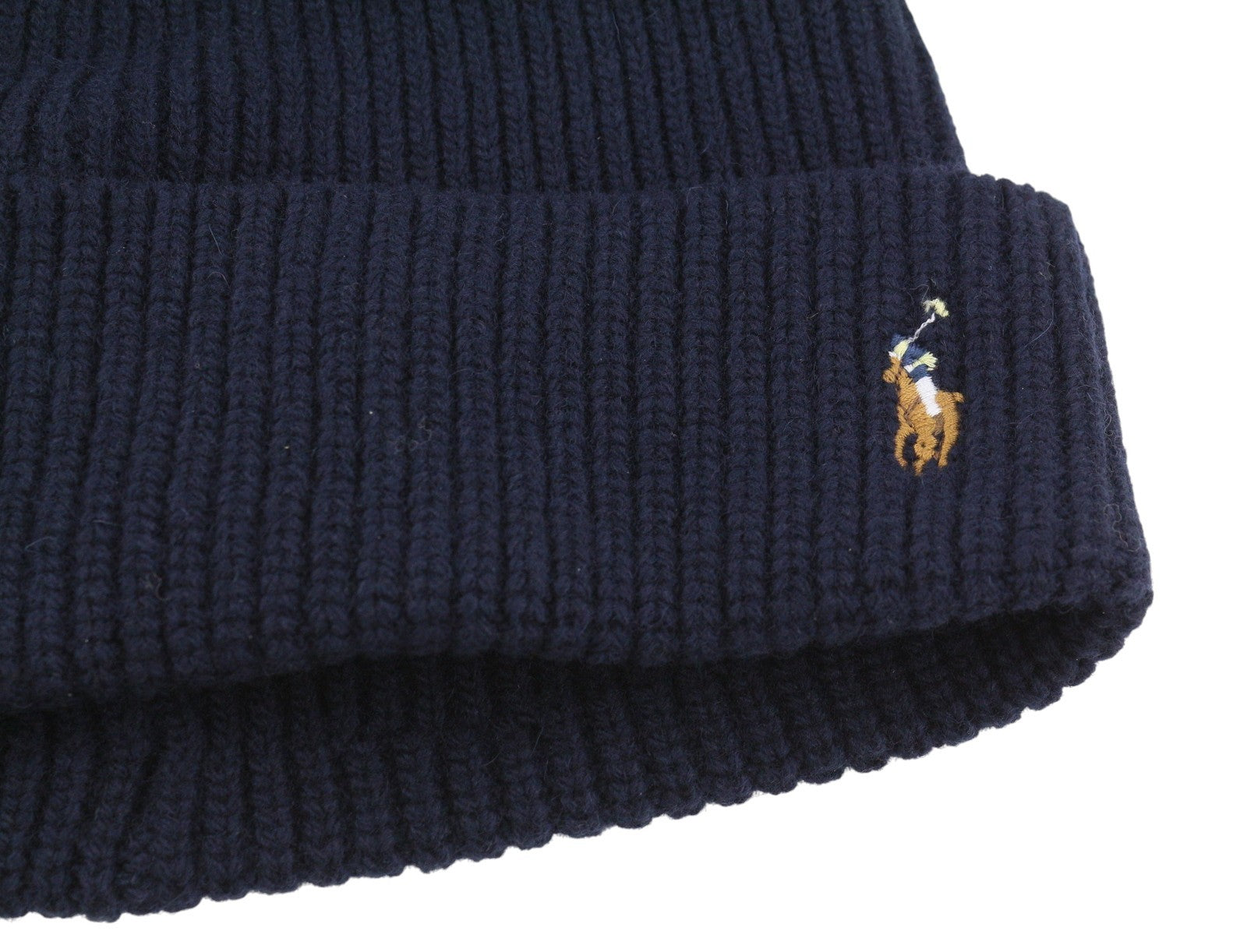 RALPH LAUREN Signature Cuff Men Hat 52 CM Dark Blue Wool Blend Knitted Beanie