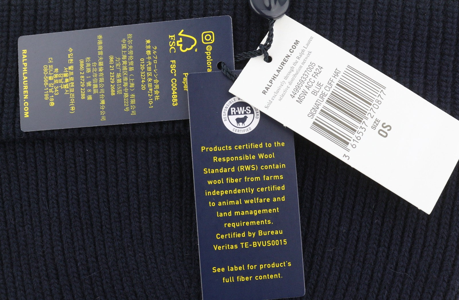 RALPH LAUREN Signature Cuff Men Hat 52 CM Dark Blue Wool Blend Knitted Beanie