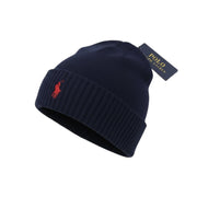 RALPH LAUREN Men Hat 47 CM Dark Blue Washable Merino Wool Knitted Logo Beanie