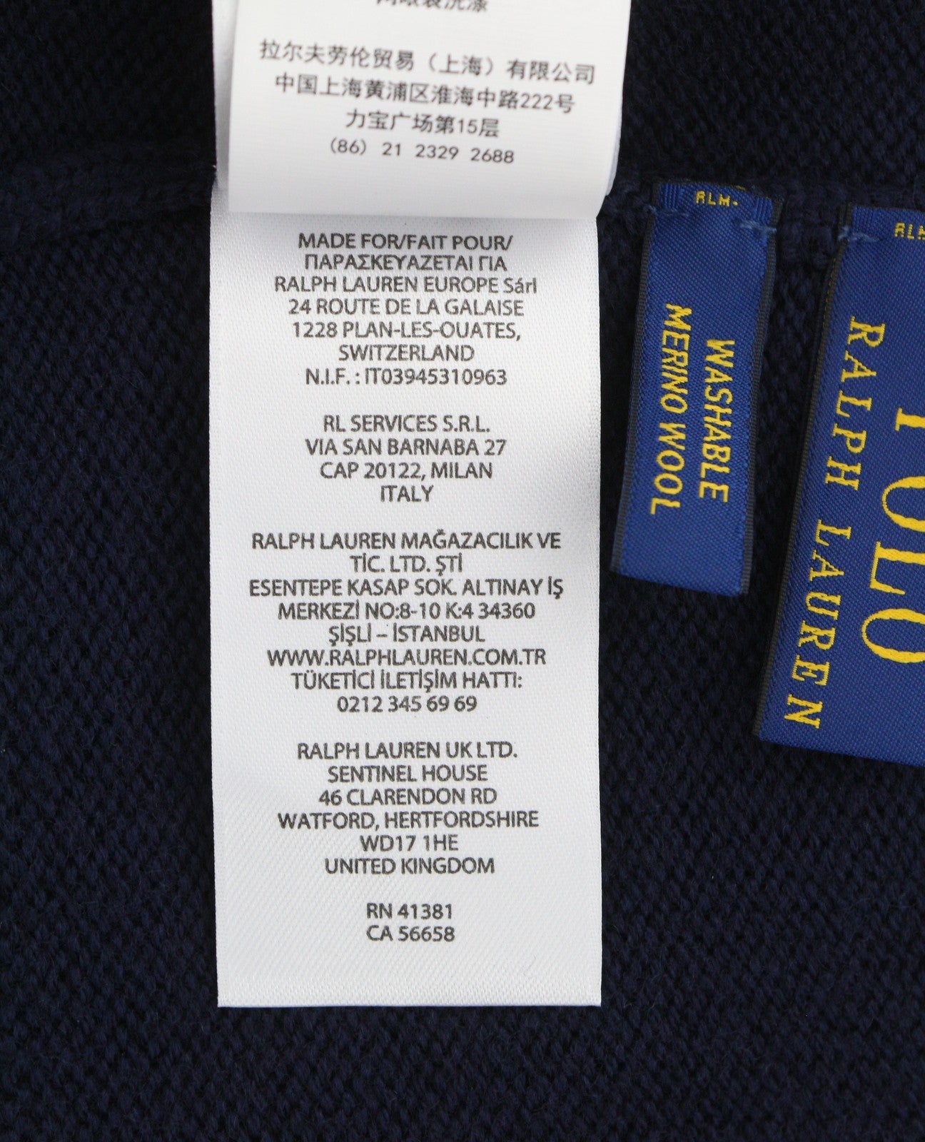 RALPH LAUREN Men Hat 47 CM Dark Blue Washable Merino Wool Knitted Logo Beanie