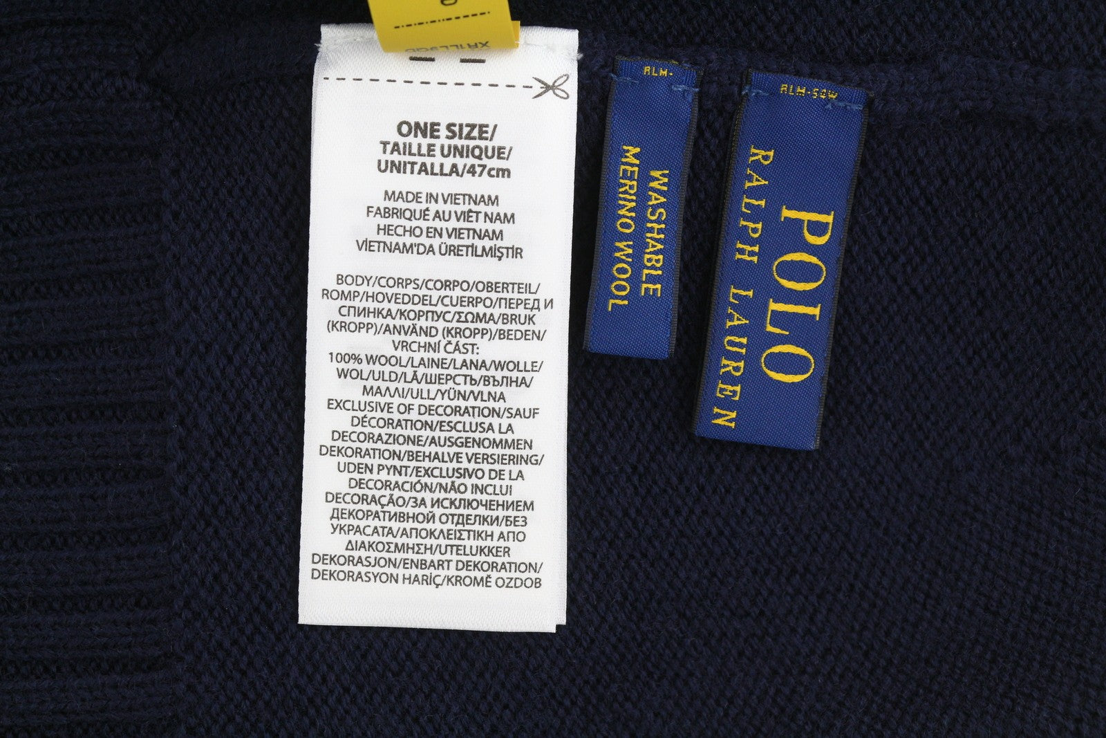 RALPH LAUREN Men Hat 47 CM Dark Blue Washable Merino Wool Knitted Logo Beanie