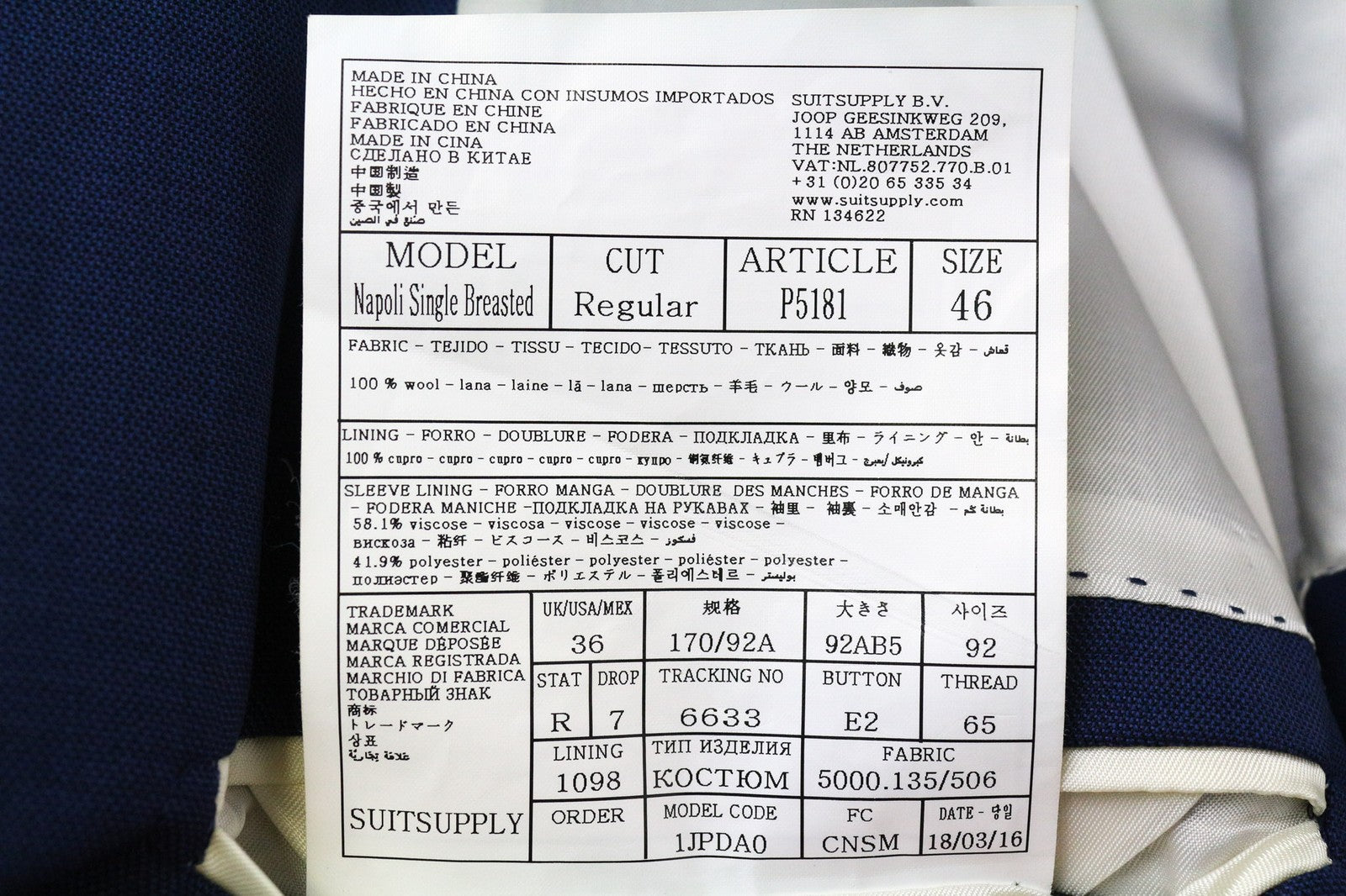 SUITSUPPLY Napoli Men Blazer UK36R Blue Wool Single-Breasted Notch Lapel