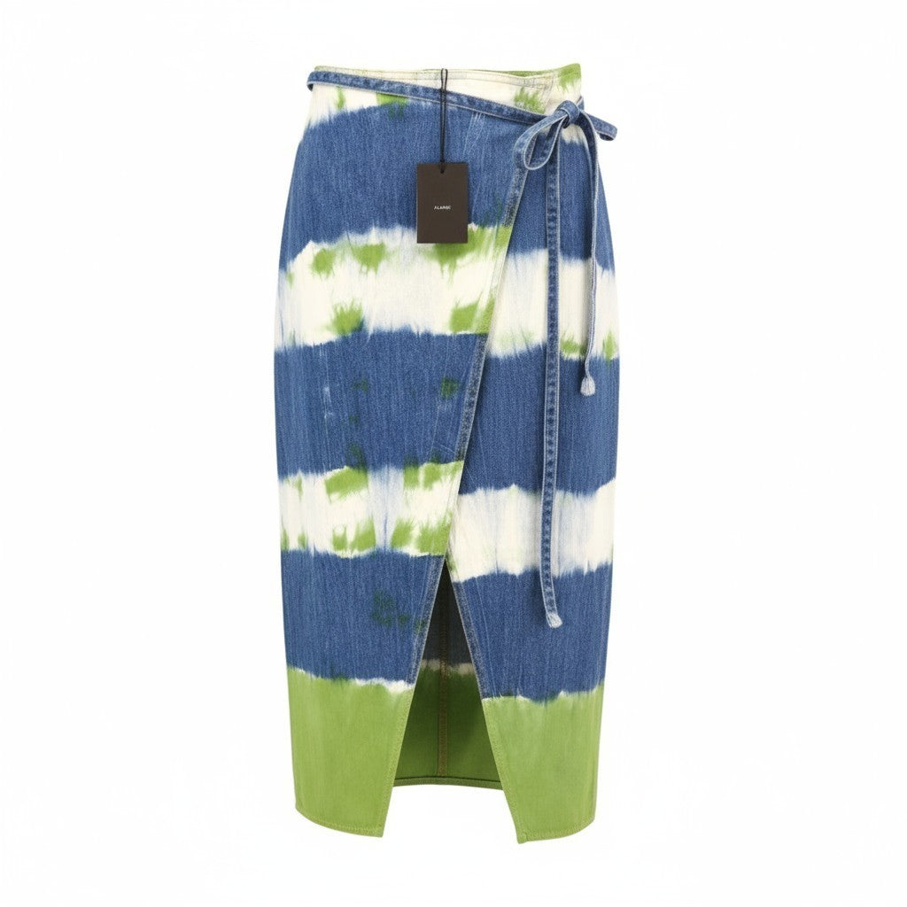 ALANUI Magic Journey Women's L Wrap Skirt Blue Green Tie-Dye Cotton Denim