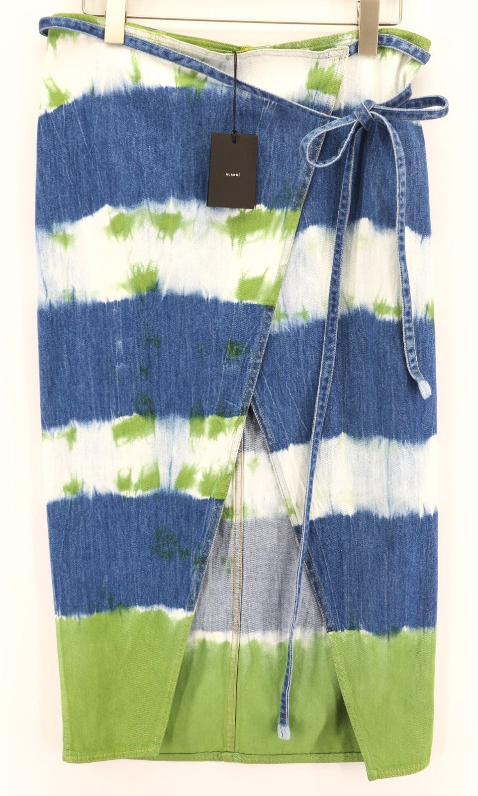 ALANUI Magic Journey Women's L Wrap Skirt Blue Green Tie-Dye Cotton Denim