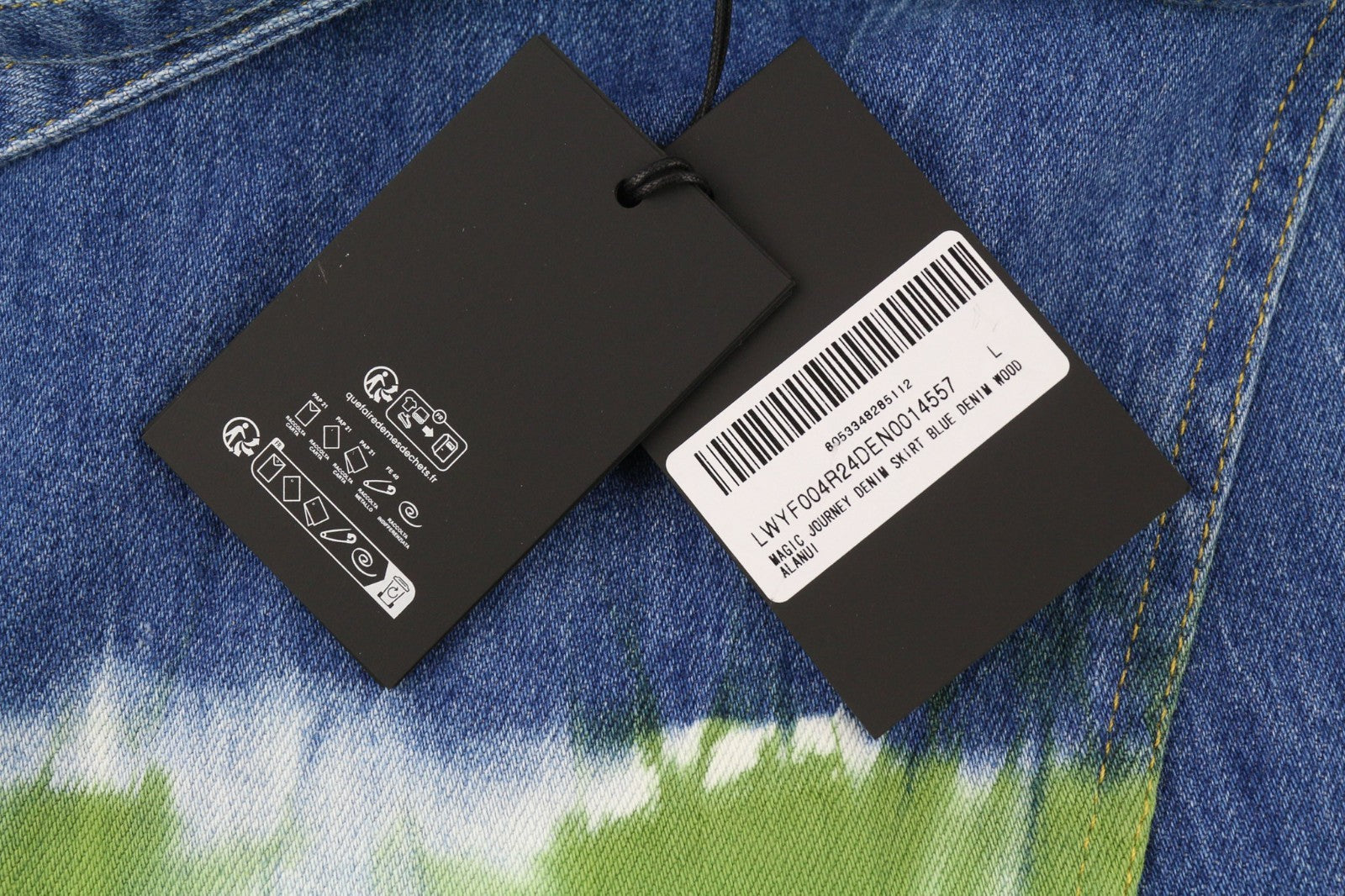 ALANUI Magic Journey Women's L Wrap Skirt Blue Green Tie-Dye Cotton Denim