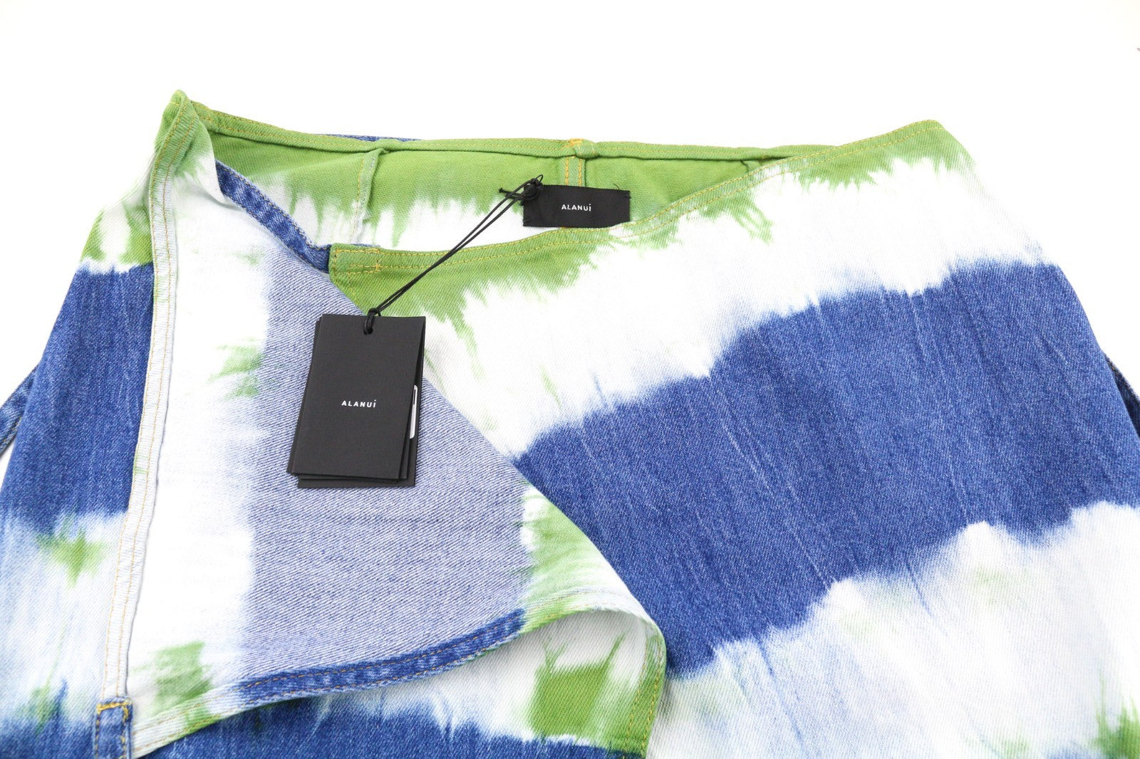 ALANUI Magic Journey Women's L Blue Green Mid Wrap Tie-Dye Cotton Denim Skirt