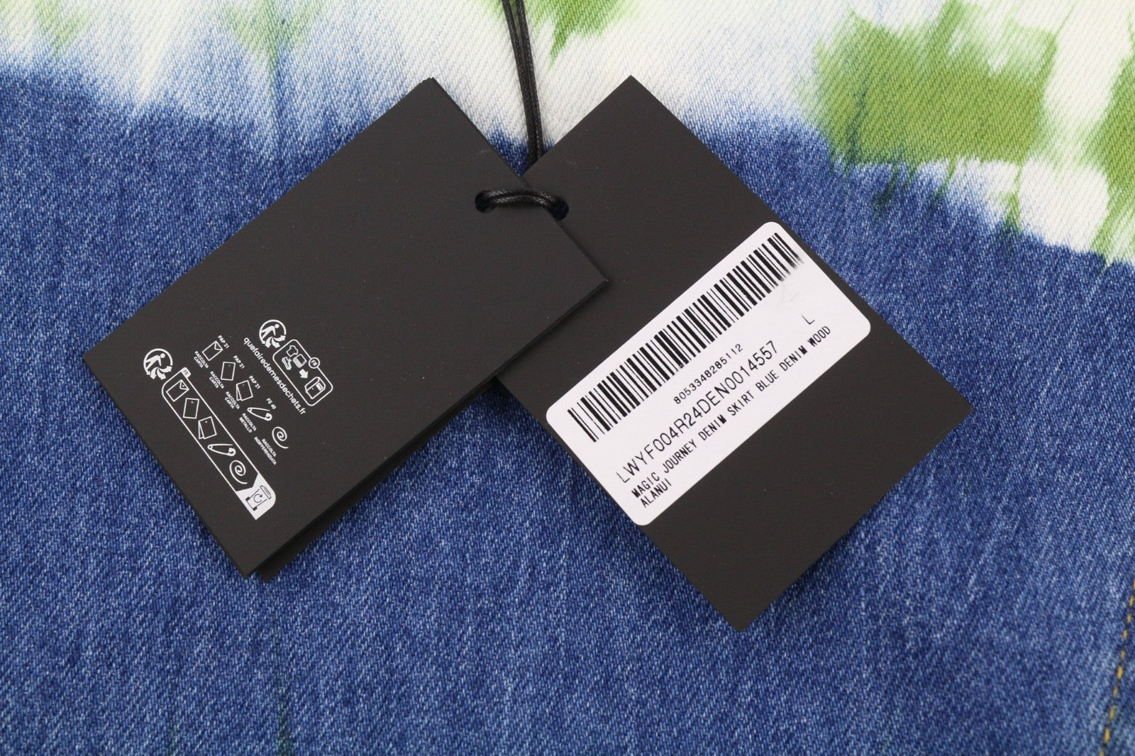 ALANUI Magic Journey Women's L Blue Green Mid Wrap Tie-Dye Cotton Denim Skirt