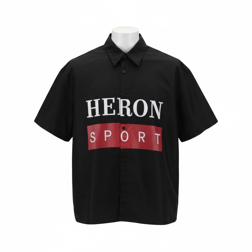 HERON PRESTON Men's L Black Button-Up Short Sleeve Collared Logo Shirt