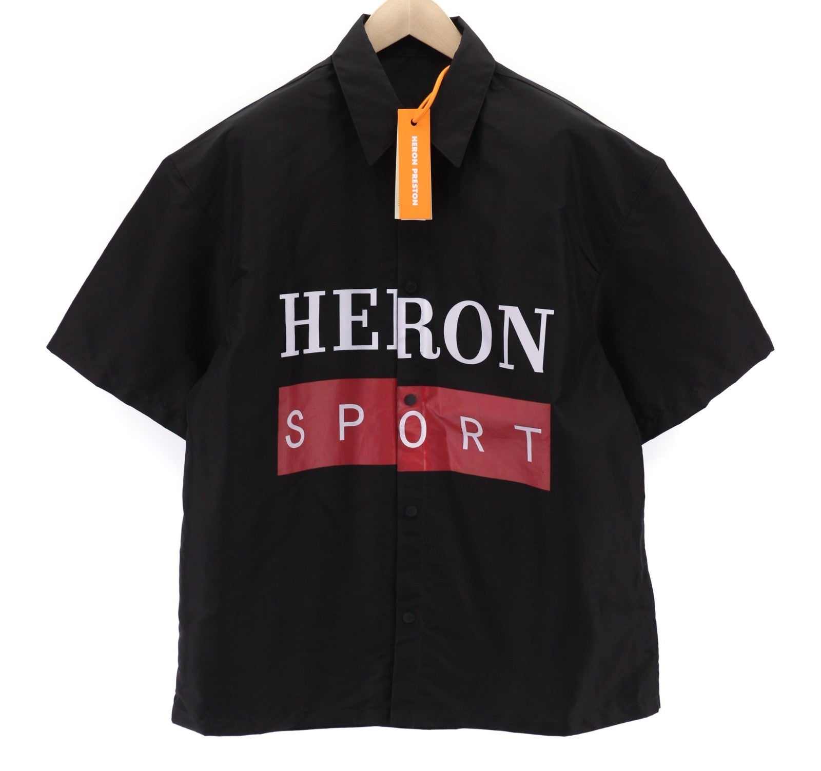 HERON PRESTON Men's L Black Button-Up Short Sleeve Collared Logo Shirt