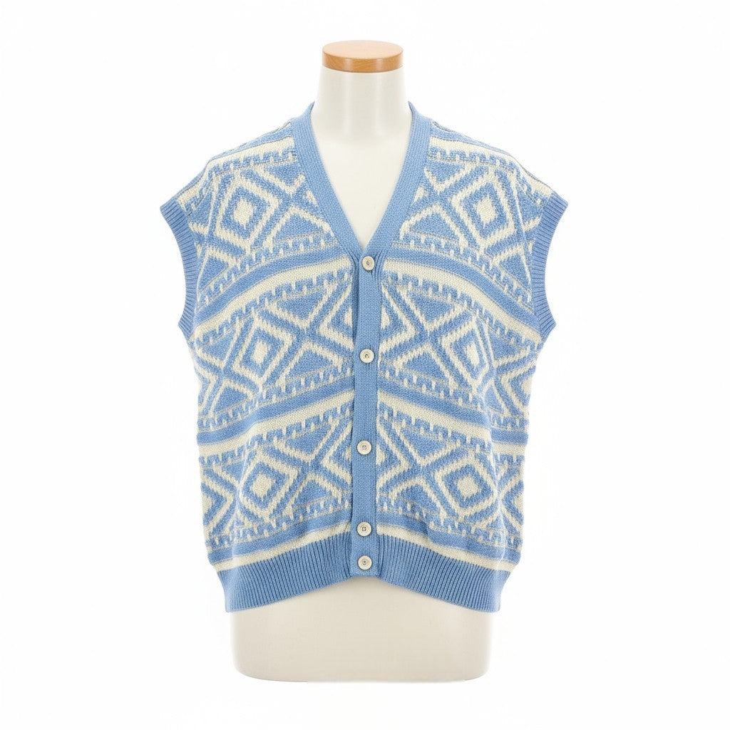 DSQUARED2 Women's XL Blue White Knit Cotton Sleeveless Pattern Vest