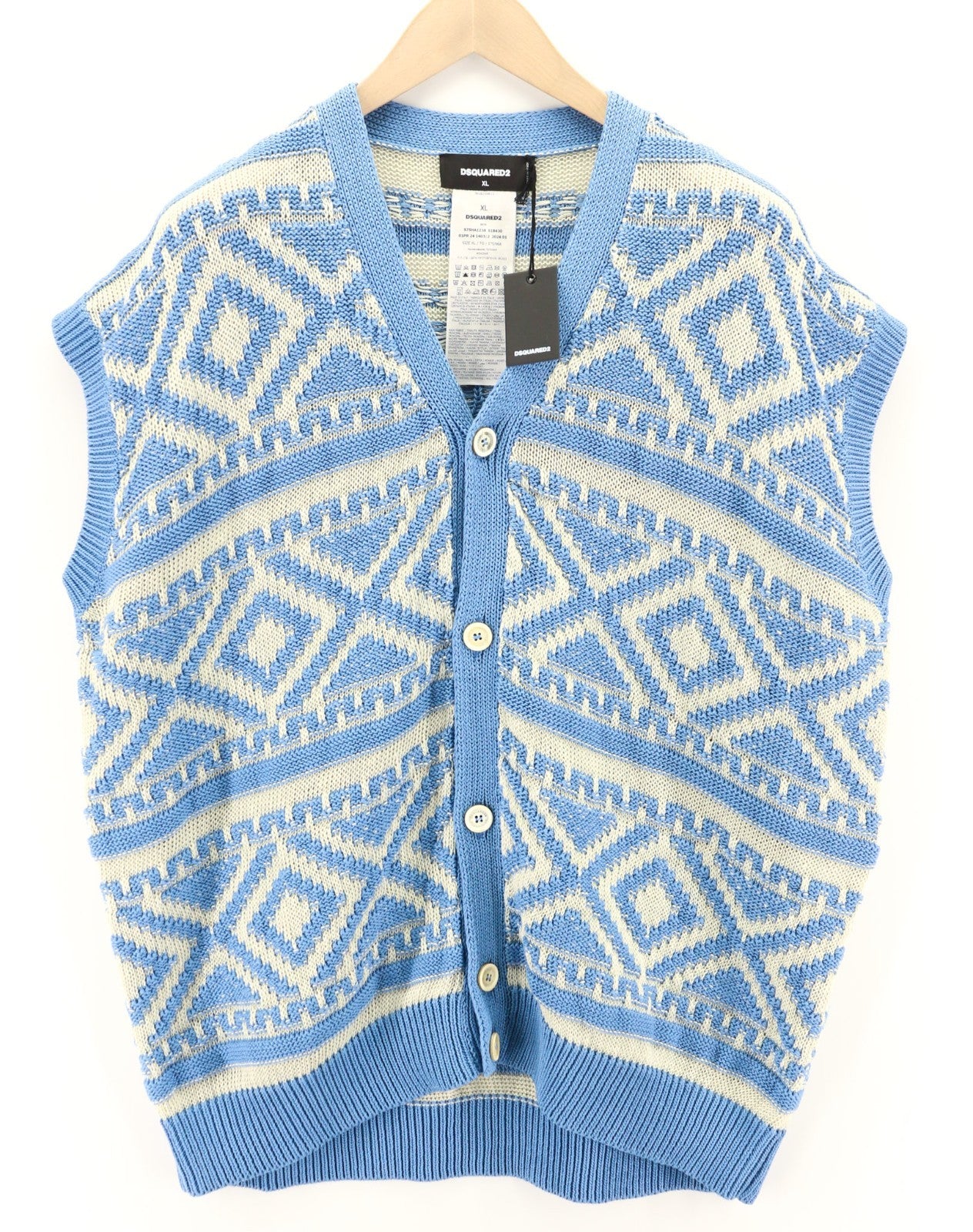 DSQUARED2 Women's XL Blue White Knit Cotton Sleeveless Pattern Vest