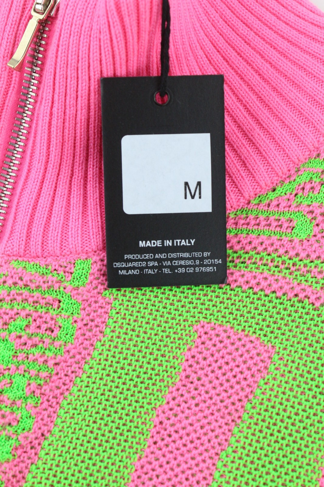 DSQUARED2 Women's M Pink Green Wool Blend Zip Knit Patterned Jumper