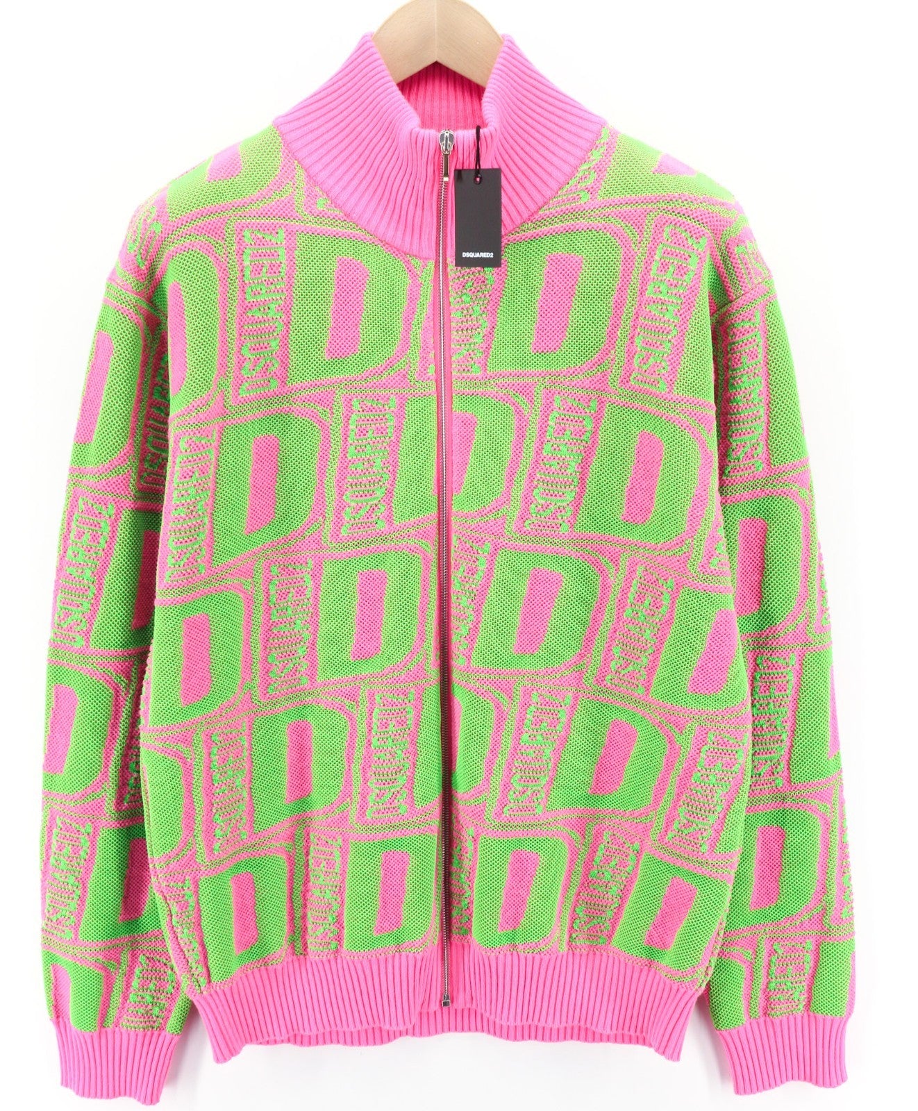 DSQUARED2 Women's M Pink Green Wool Blend Zip Knit Patterned Jumper