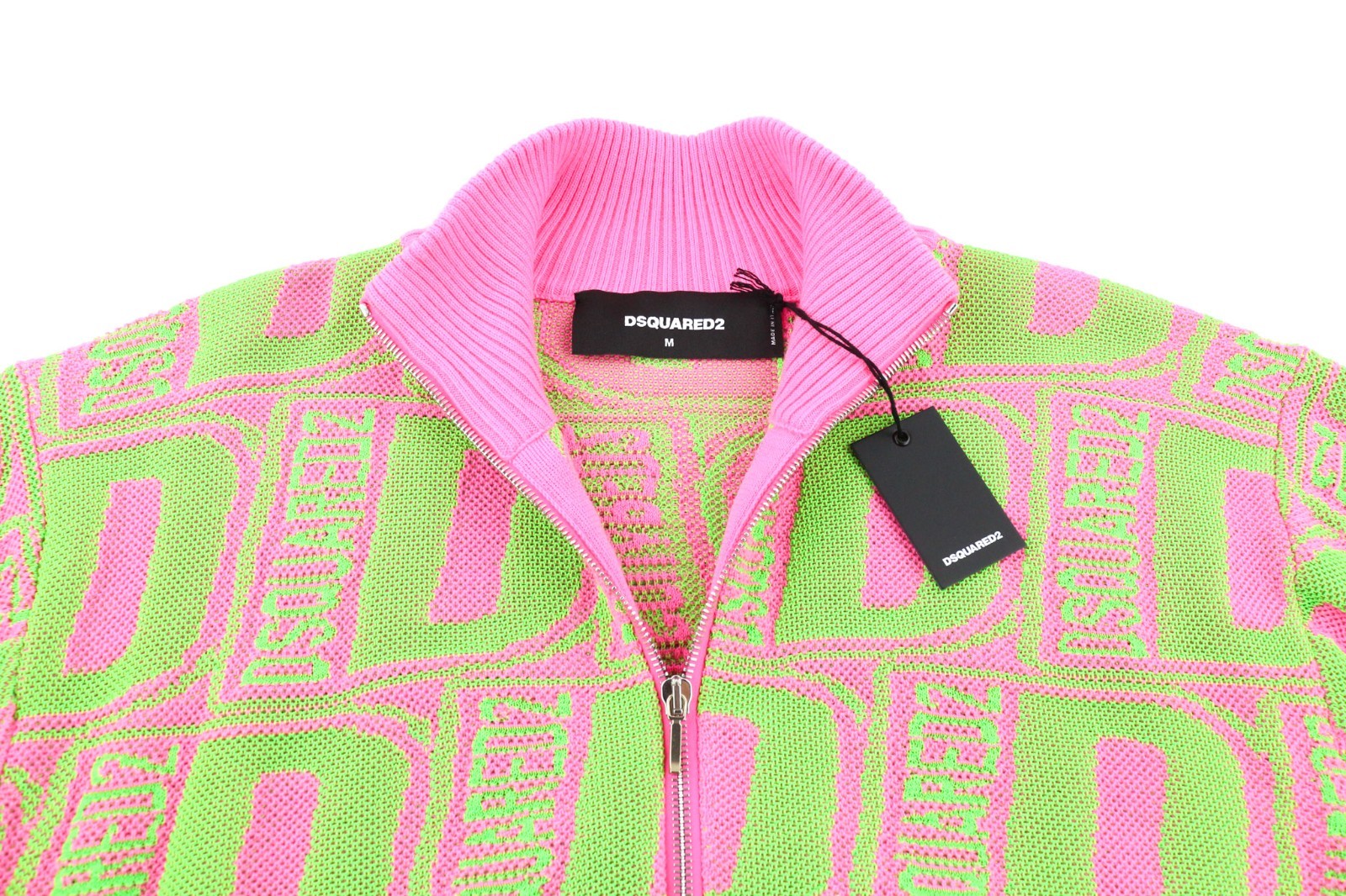 DSQUARED2 Women's M Pink Green Wool Blend Zip Knit Patterned Jumper