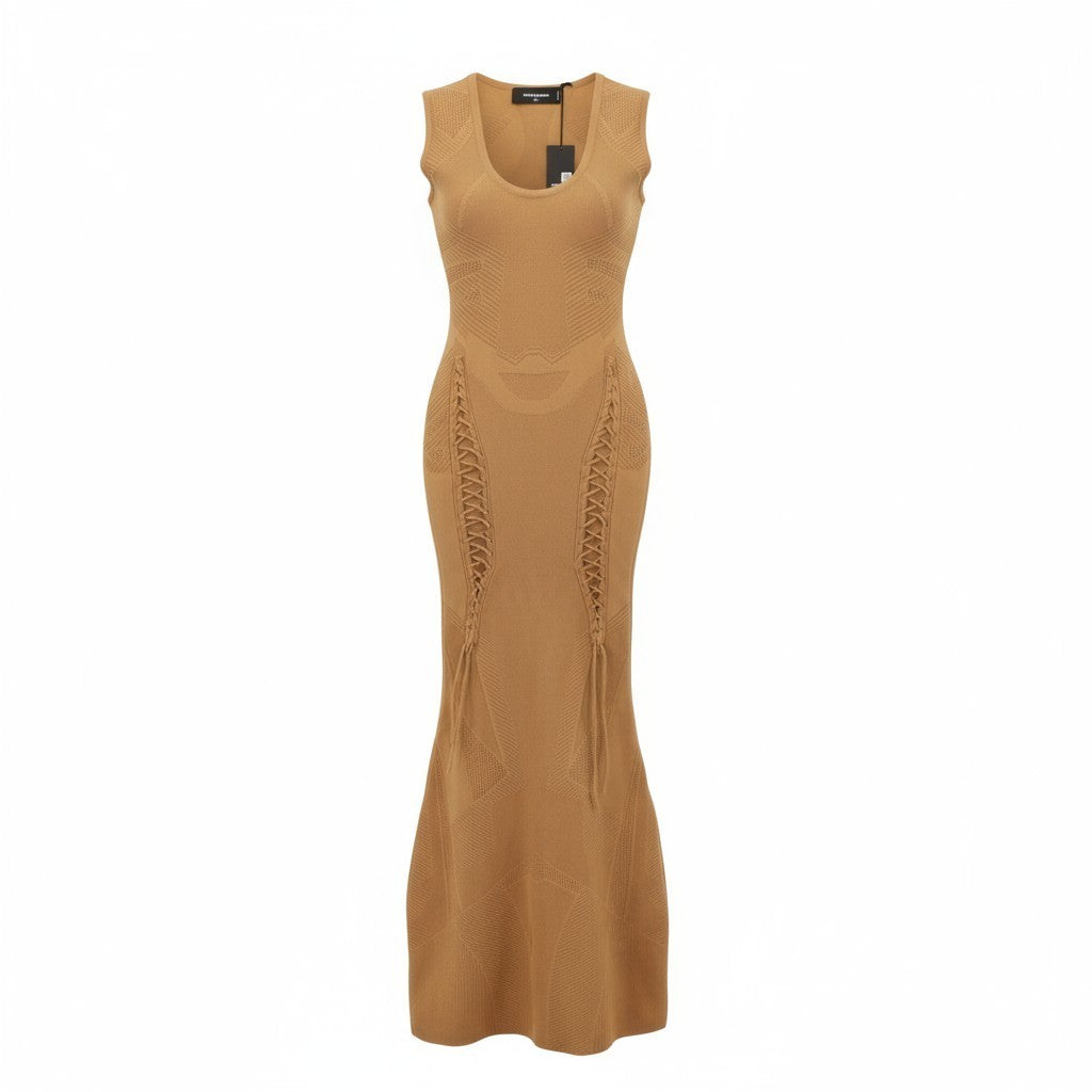 DSQUARED2 Women's XS Tan Brown Side Tie Sleeveless Maxi Bodycon Dress