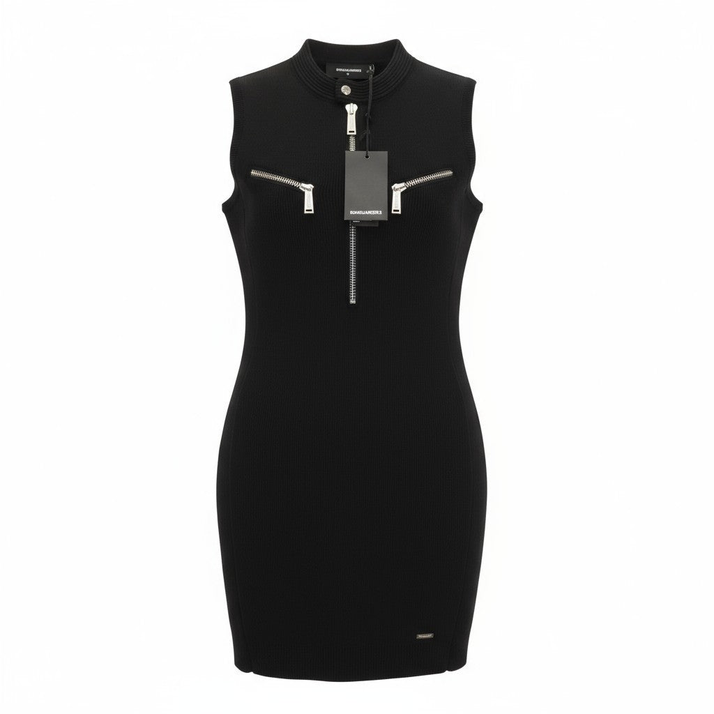 DSQUARED2 Women's M Black Zip Detail Pure Wool Sleeveless Mini Dress