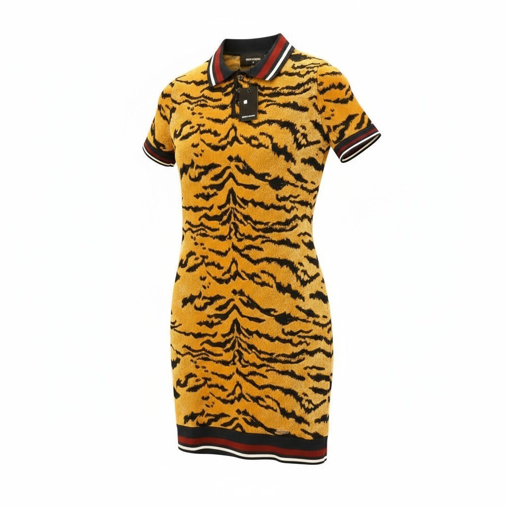 DSQUARED2 Women's S Yellow Brown Animal Print Collared Short Mini Dress