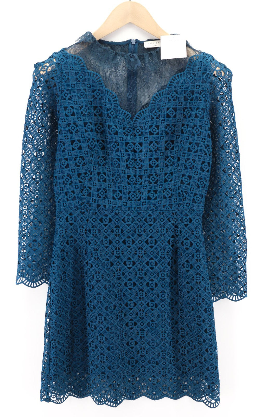 SANDRO Women's 38 Blue Pleated Lace Long Sleeve Lined Mini Dress