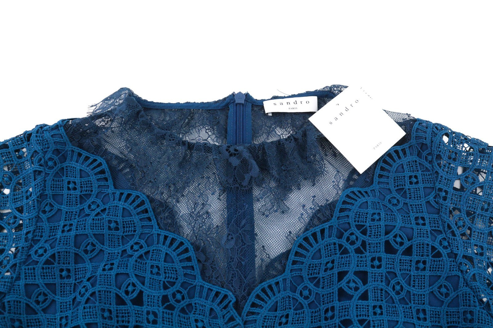 SANDRO moteriška 38 dydžio mėlyna klostuota nėriniuota ilgomis rankovėmis ir pamušalu mini suknelė 