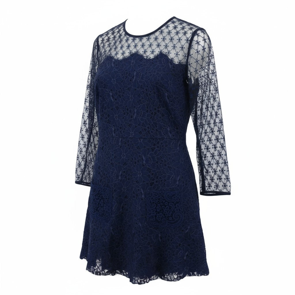 SANDRO Women's 40 Navy Lace Back Zip Long Sleeve Lined Mini Dress