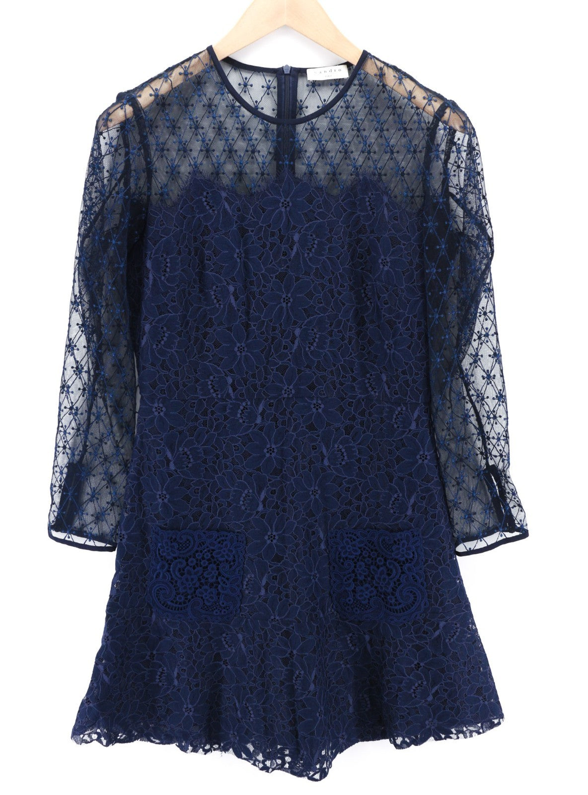 SANDRO Women's 40 Navy Lace Back Zip Long Sleeve Lined Mini Dress