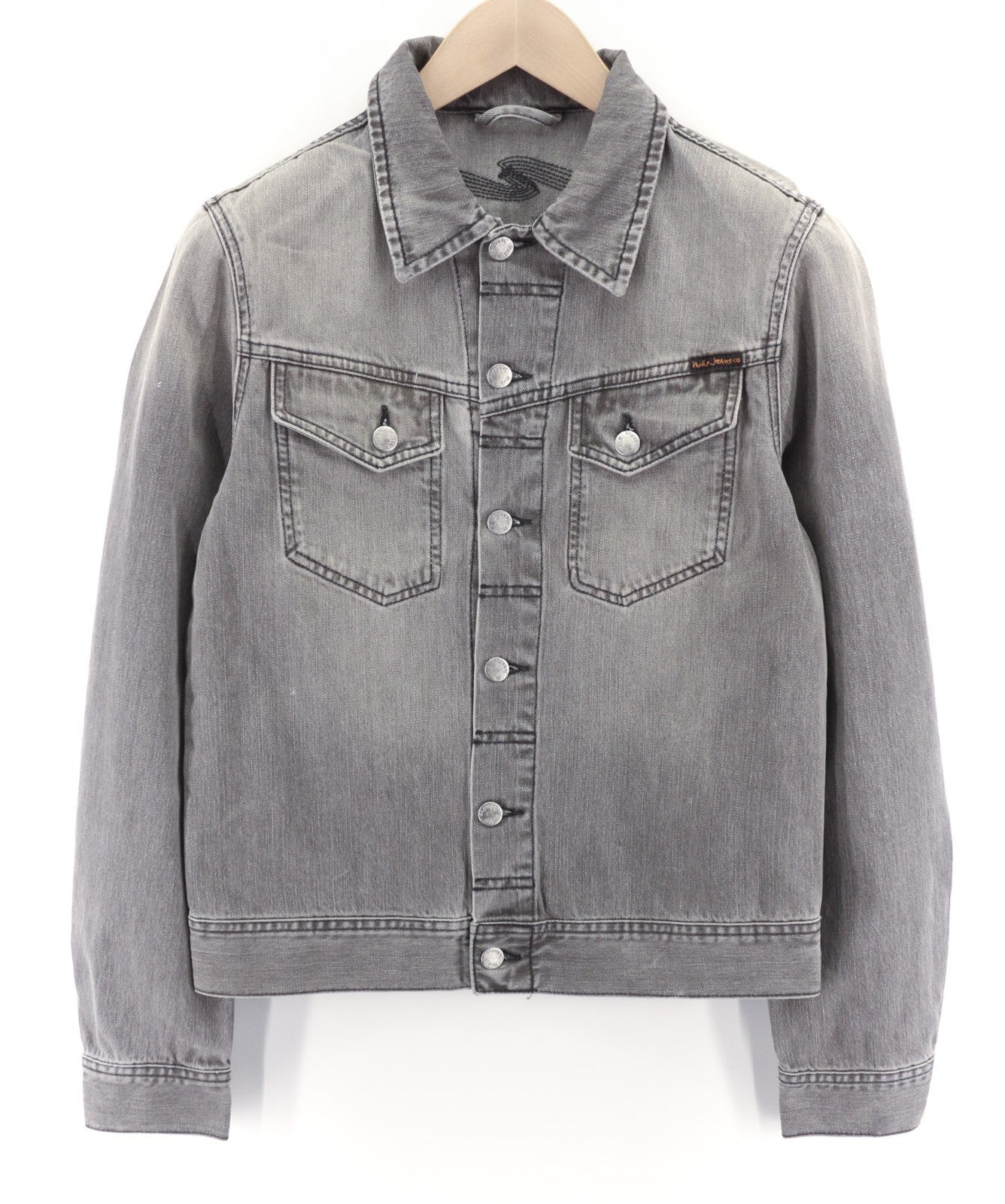 NUDIE JEANS Conny Org. Fog Men's S Faded Grey Polo Cotton Denim Jacket
