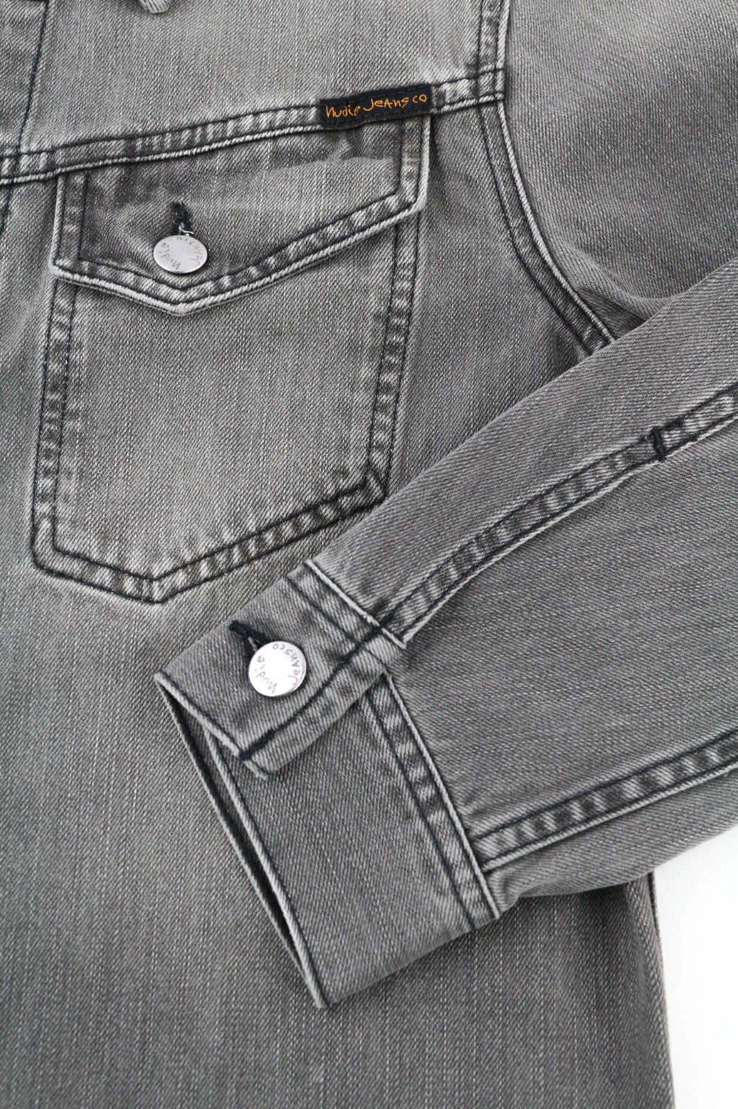 NUDIE JEANS Conny Org. Fog Men's S Faded Grey Polo Cotton Denim Jacket