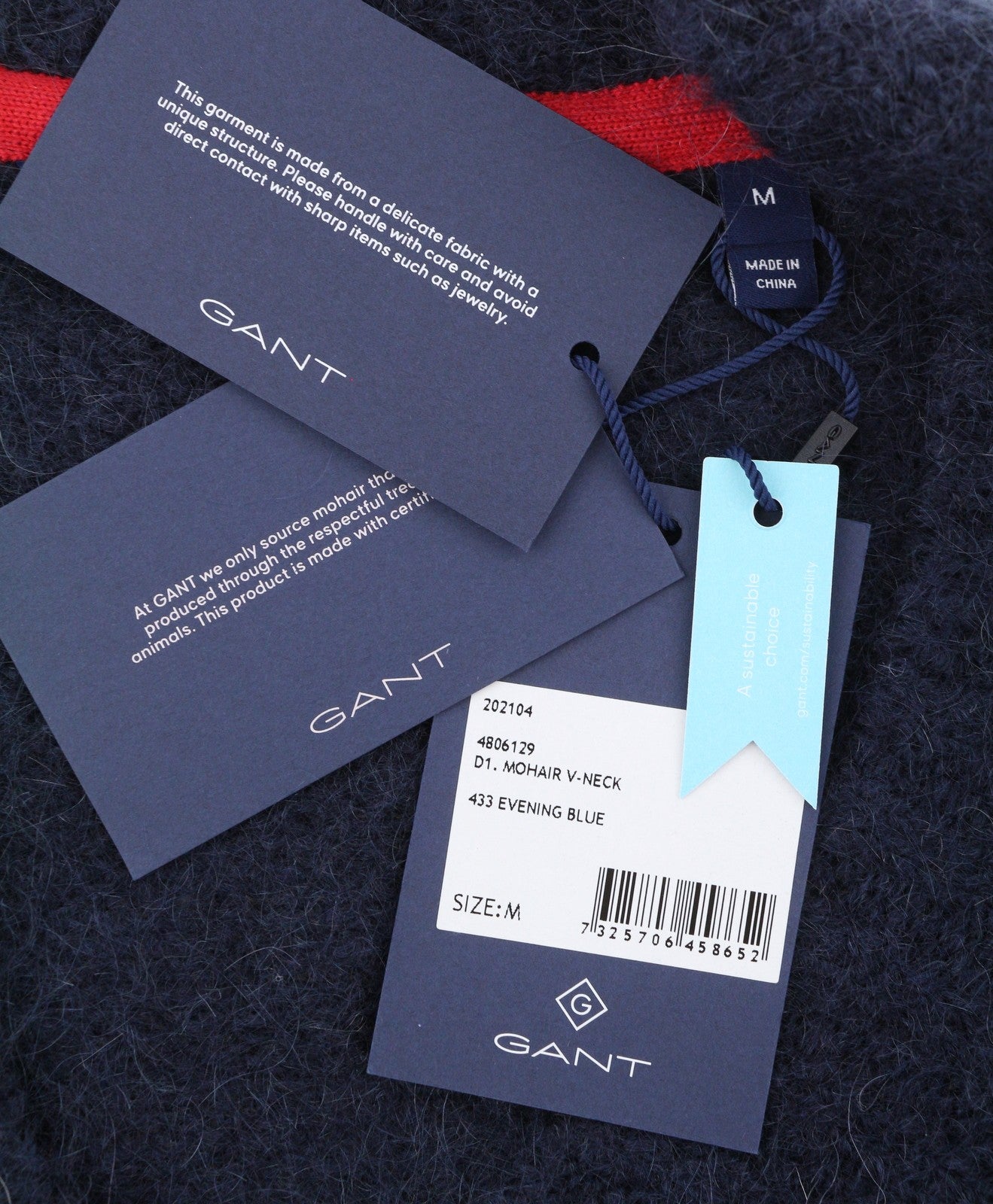 GANT Mohair V-Neck Women Jumper M Evening Blue Wool Blend Tight-Knit Pullover