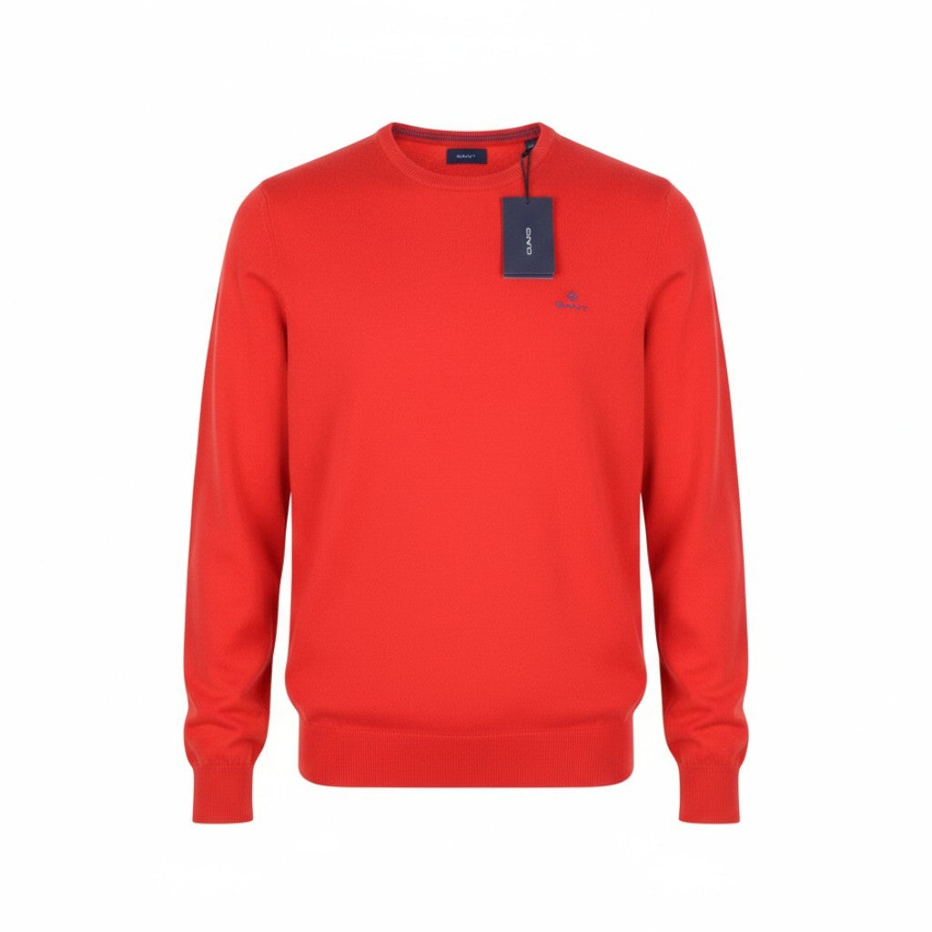 GANT Stretch Cotton Contrast C-Neck Men Jumper L Lava Red Tight-Knit Pullover