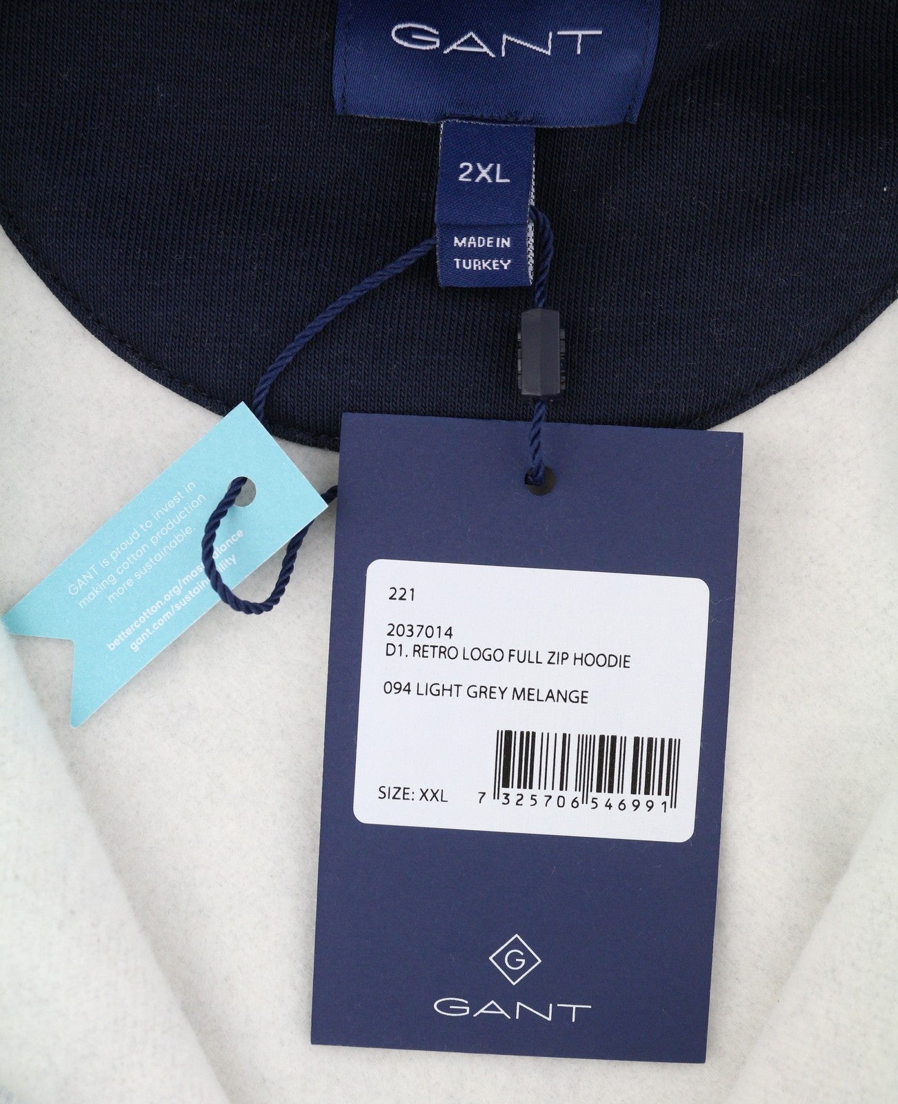 GANT Retro Logo Full Zip Men Hoodie 2XL Light Grey Melange Long Sleeve RRP149