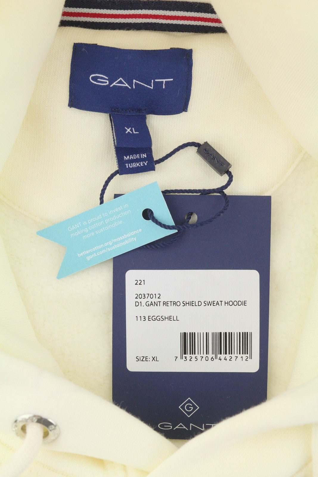 GANT Retro Shield Men Hoodie XL Eggshell Patch Long Sleeve Pullover Ivory RRP199