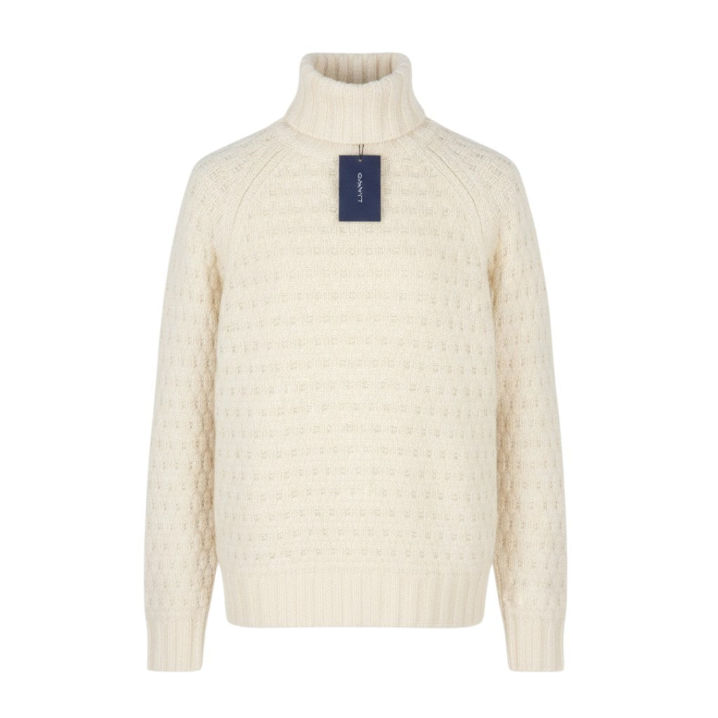 GANT Chunky Texture Turleneck Men Jumper M Cream Wool Blend Knitted Pullover