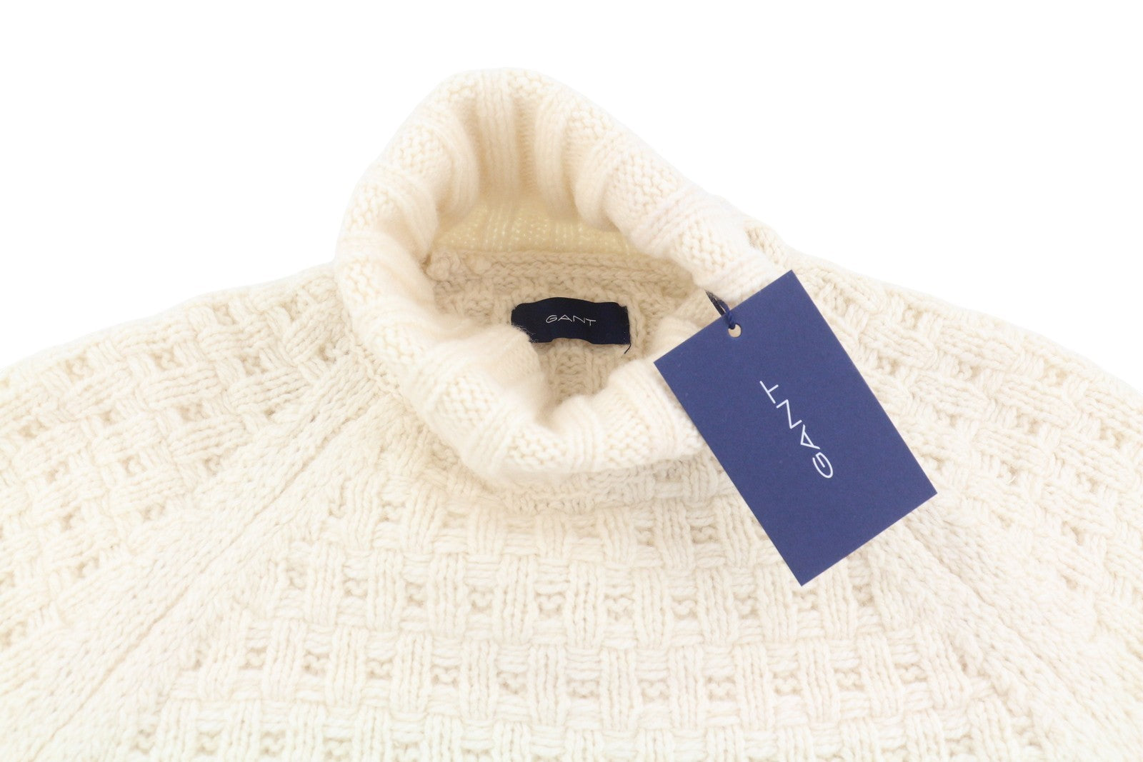 GANT Chunky Texture Turleneck Men Jumper M Cream Wool Blend Knitted Pullover