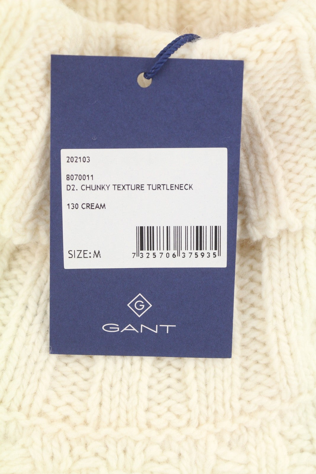 GANT Chunky Texture Turleneck Men Jumper M Cream Wool Blend Knitted Pullover