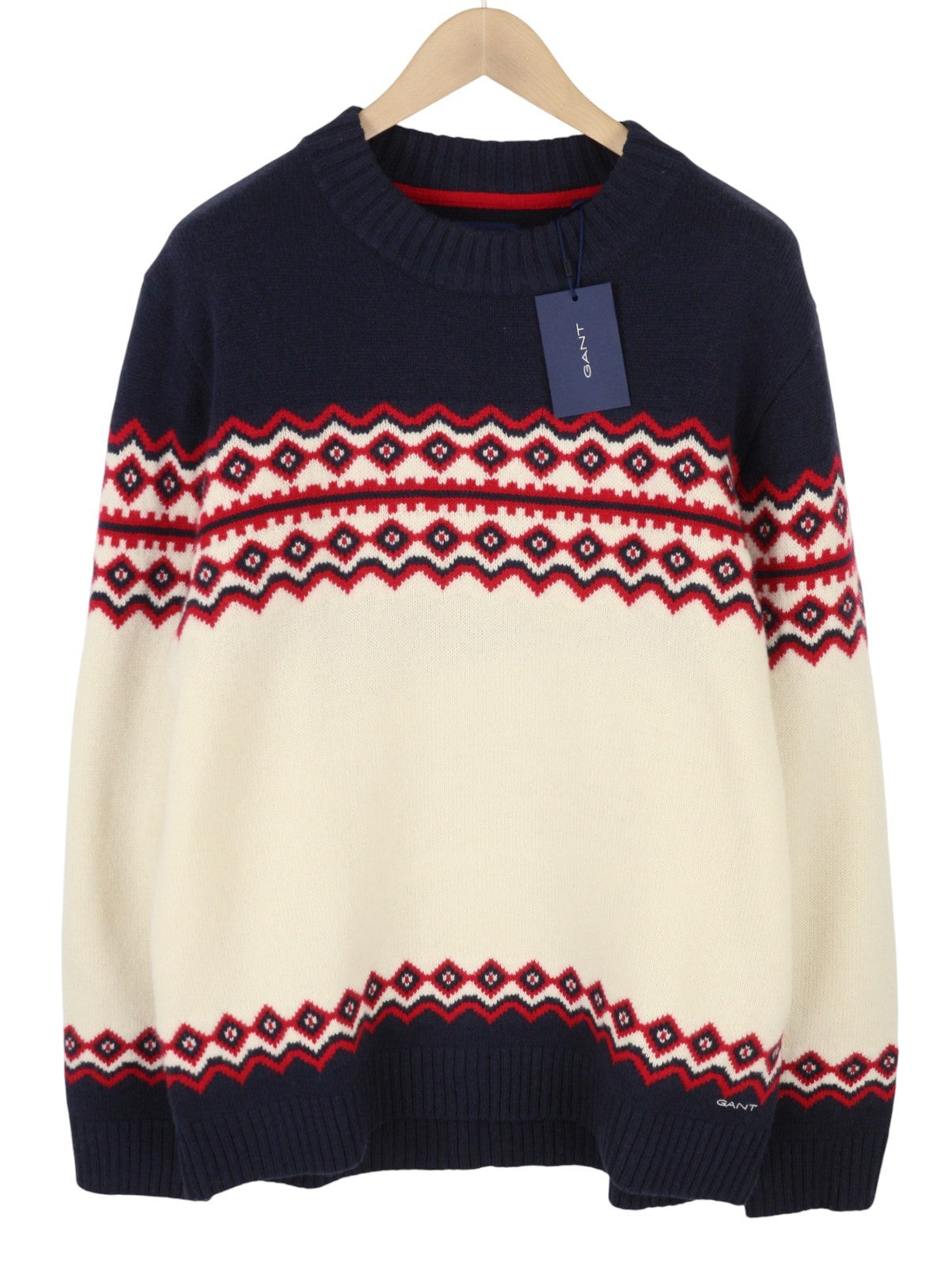 GANT Holiday Fair Isle C-Neck Men Jumper XL Cream Lambswool Knitted Pullover