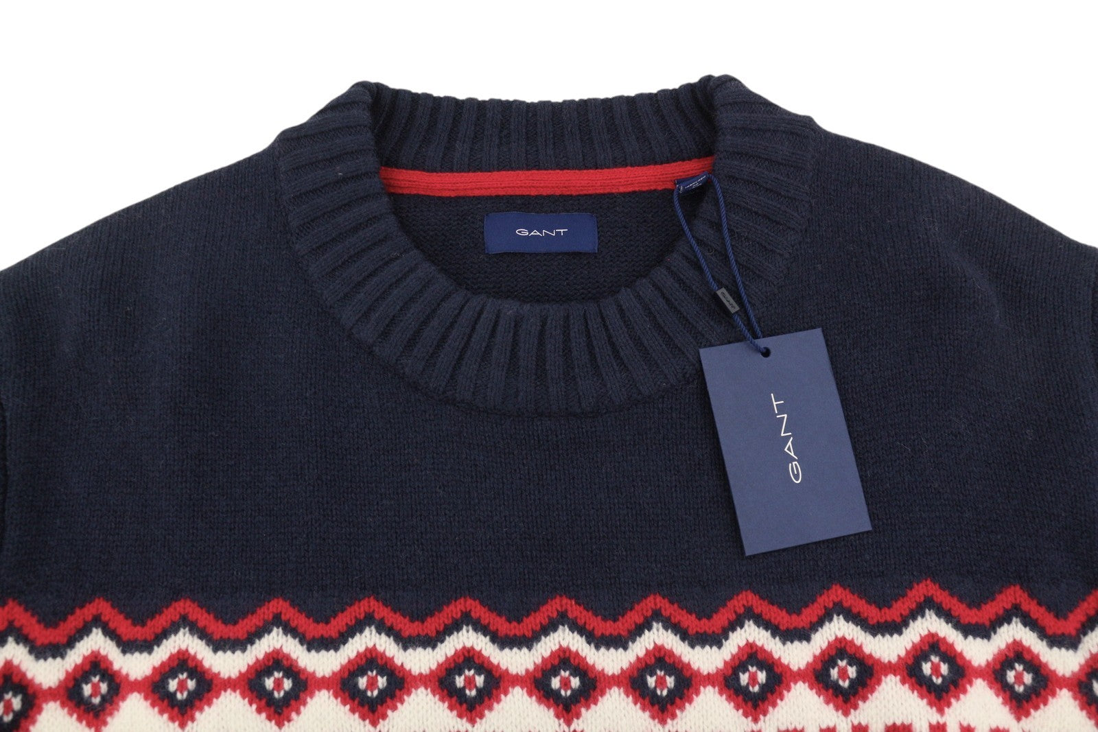GANT Holiday Fair Isle C-Neck Men Jumper XL Cream Lambswool Knitted Pullover