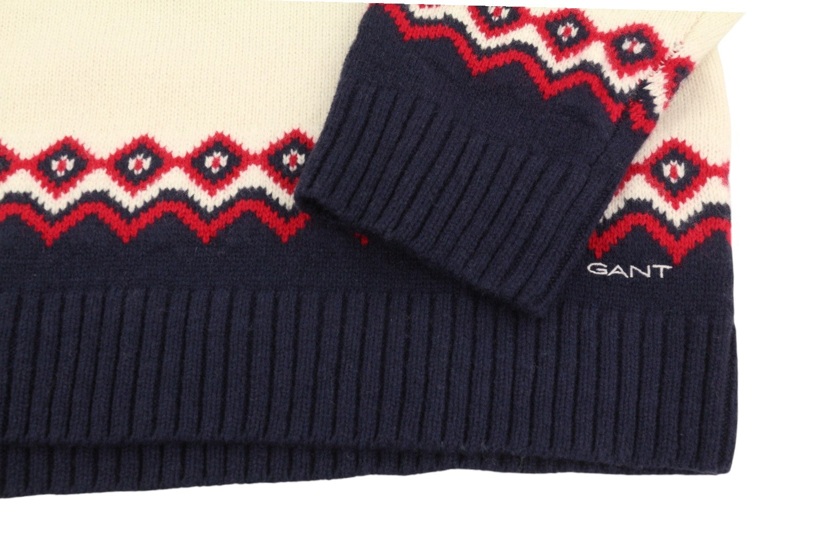 GANT Holiday Fair Isle C-Neck Men Jumper XL Cream Lambswool Knitted Pullover