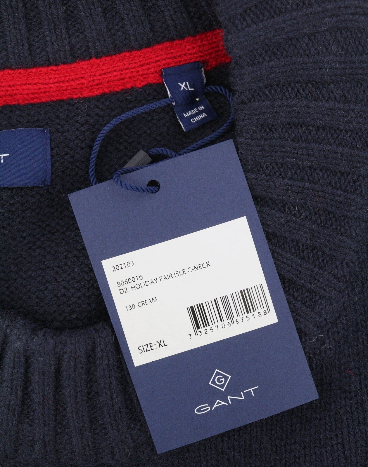 GANT Holiday Fair Isle C-Neck Men Jumper XL Cream Lambswool Knitted Pullover