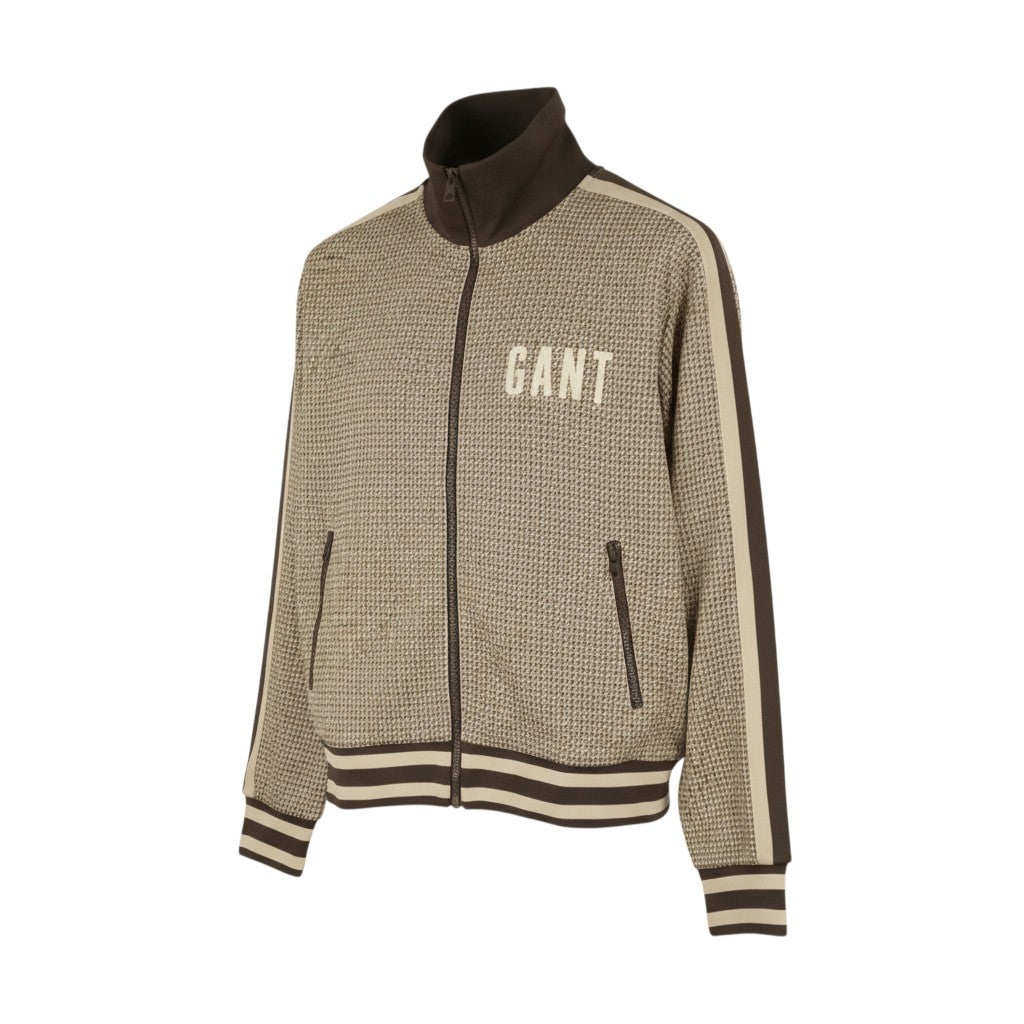 GANT Houndstooth Men Sweatshirt L Chocolate Brown High Neck Full Zip RRP180