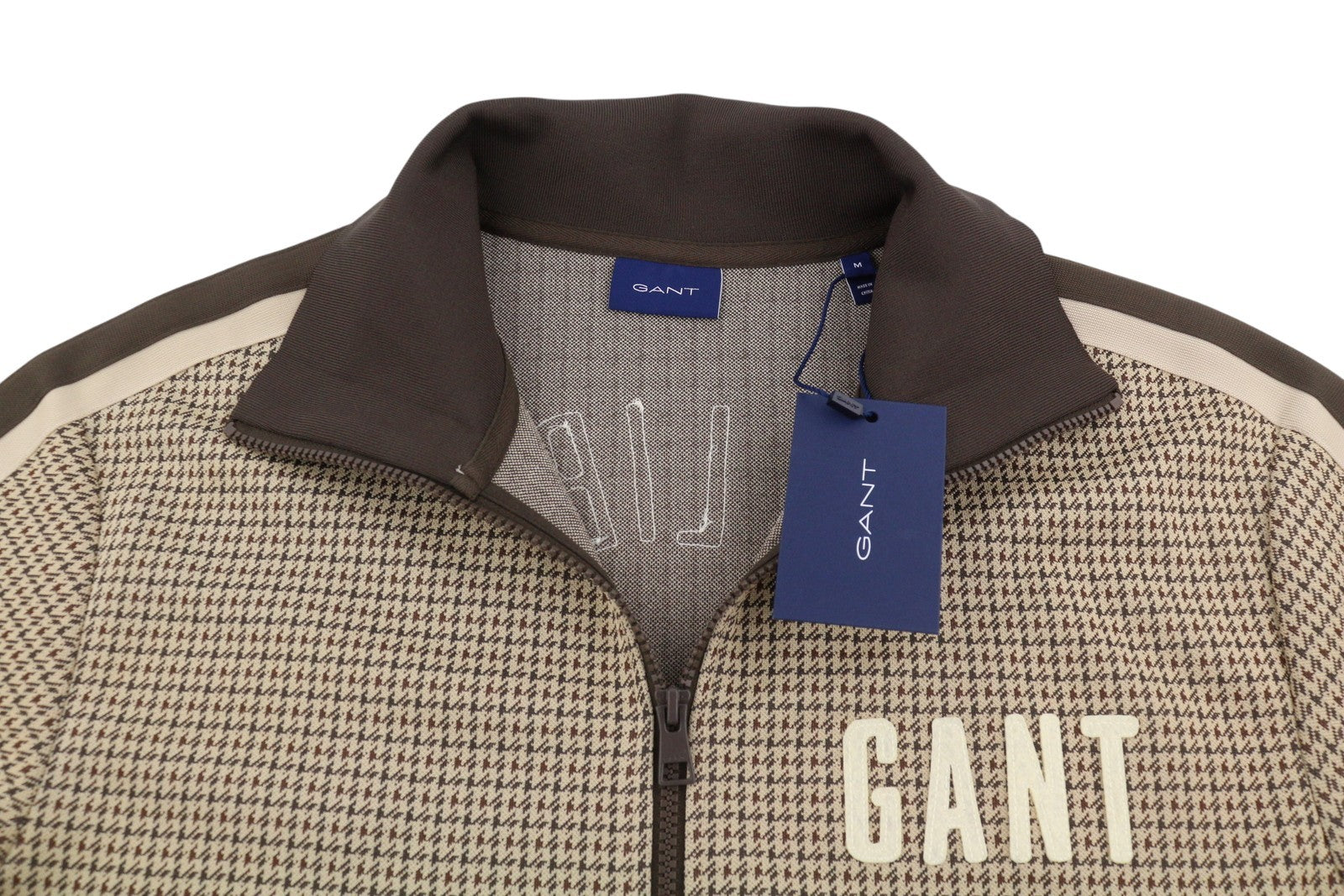 GANT Houndstooth Men Sweatshirt L Chocolate Brown High Neck Full Zip RRP180