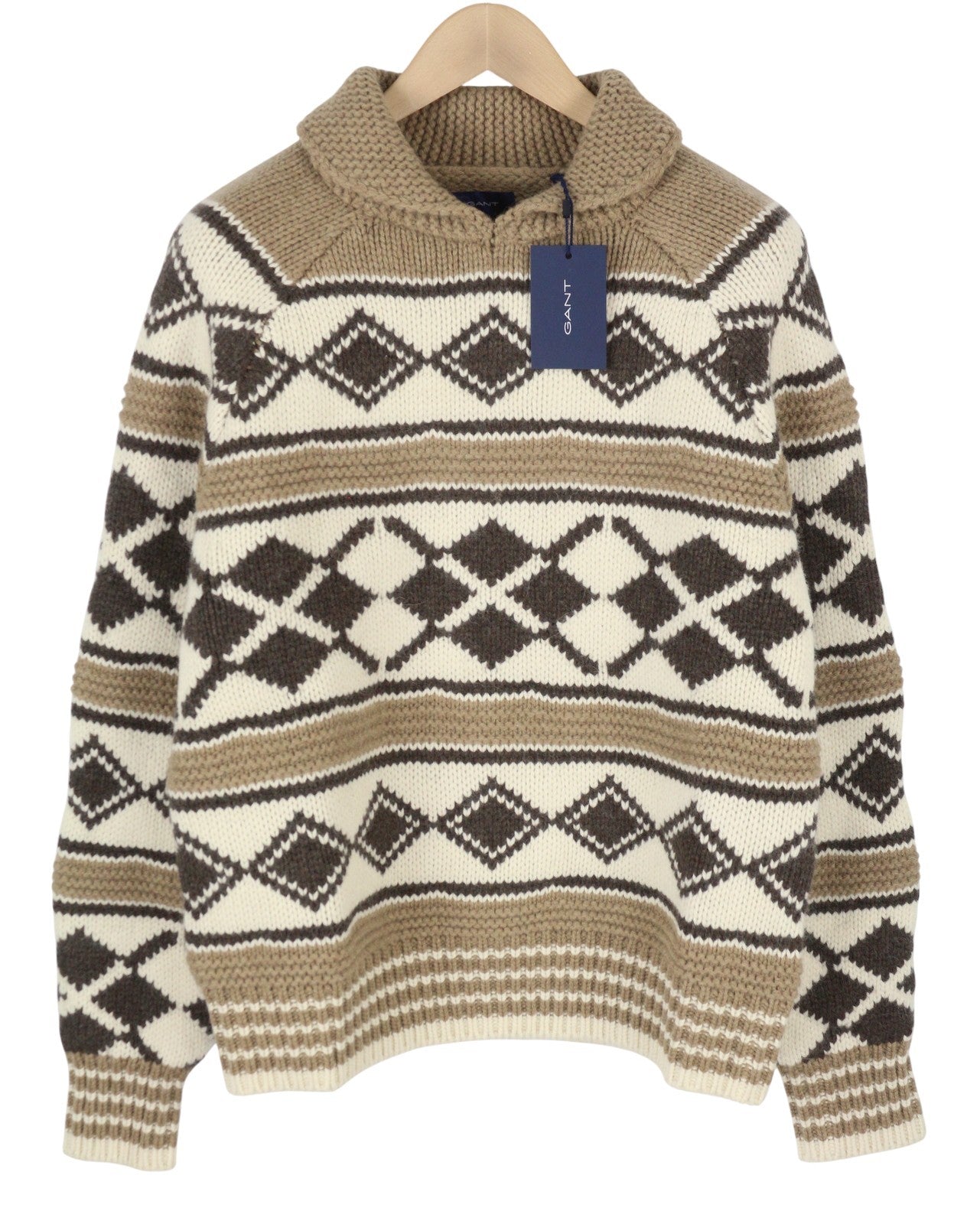 GANT Oversized Diamond Men Jumper M Brown Melange Wool Alpaca Pullover RRP249