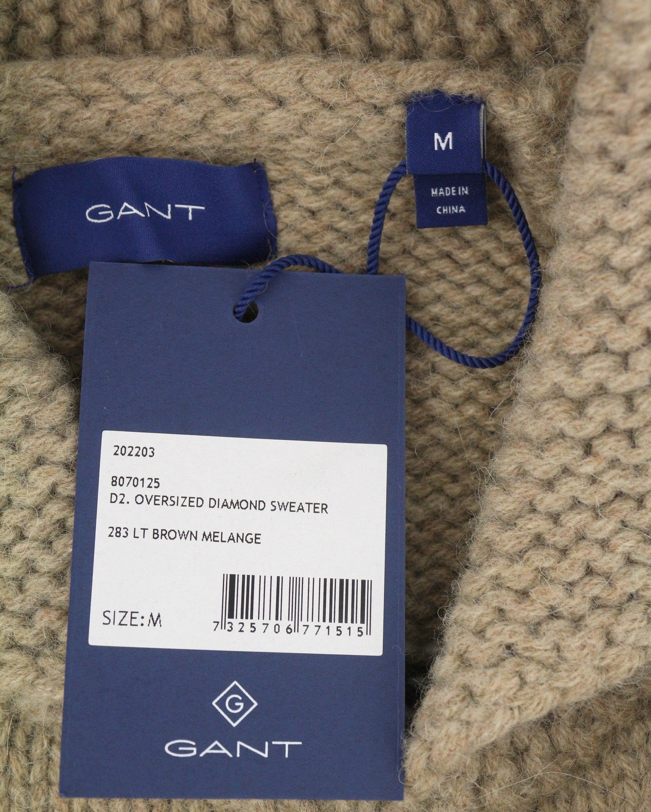 GANT Oversized Diamond Men Jumper M Brown Melange Wool Alpaca Pullover RRP249