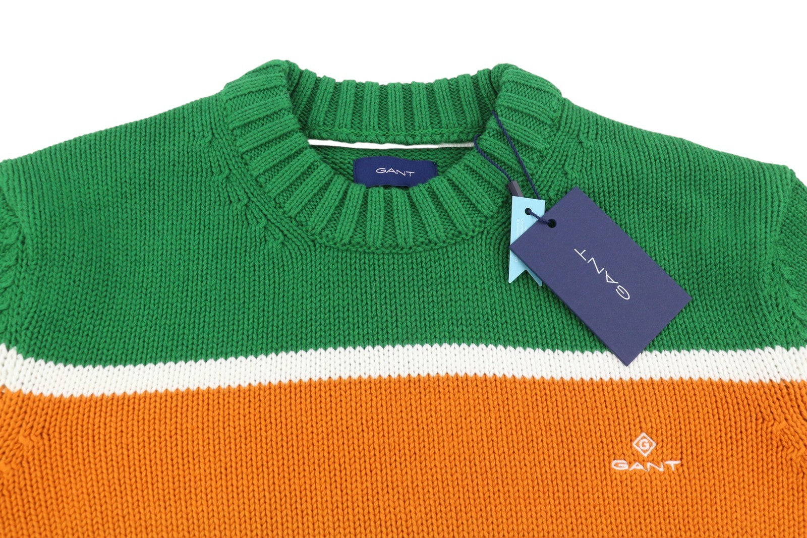 GANT dryžuotas C formos vyriškas megztinis M dydžio, prabangiai žalias, tvirtai megztas medvilninis megztinis su logotipu