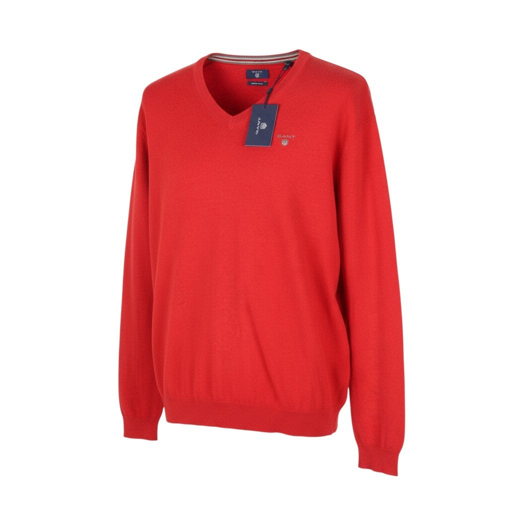 GANT Cotton Wool V-Neck Men Jumper 3XL Bright Red Mel Tight-Knit Logo Pullover