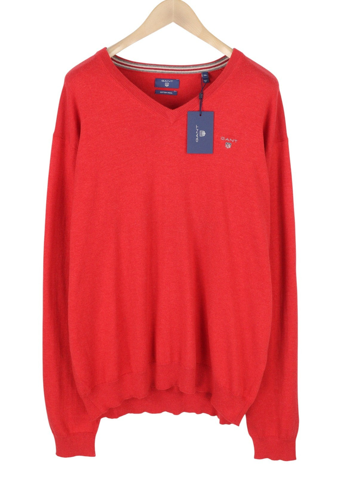 GANT Cotton Wool V-Neck Men Jumper 3XL Bright Red Mel Tight-Knit Logo Pullover